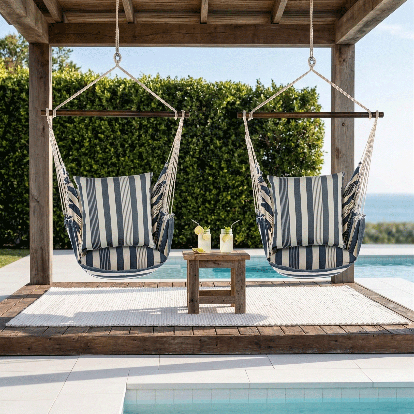 Marina Stripe Outdoor Hammock Swing Set (4 - Piece with Pillow) - Evira