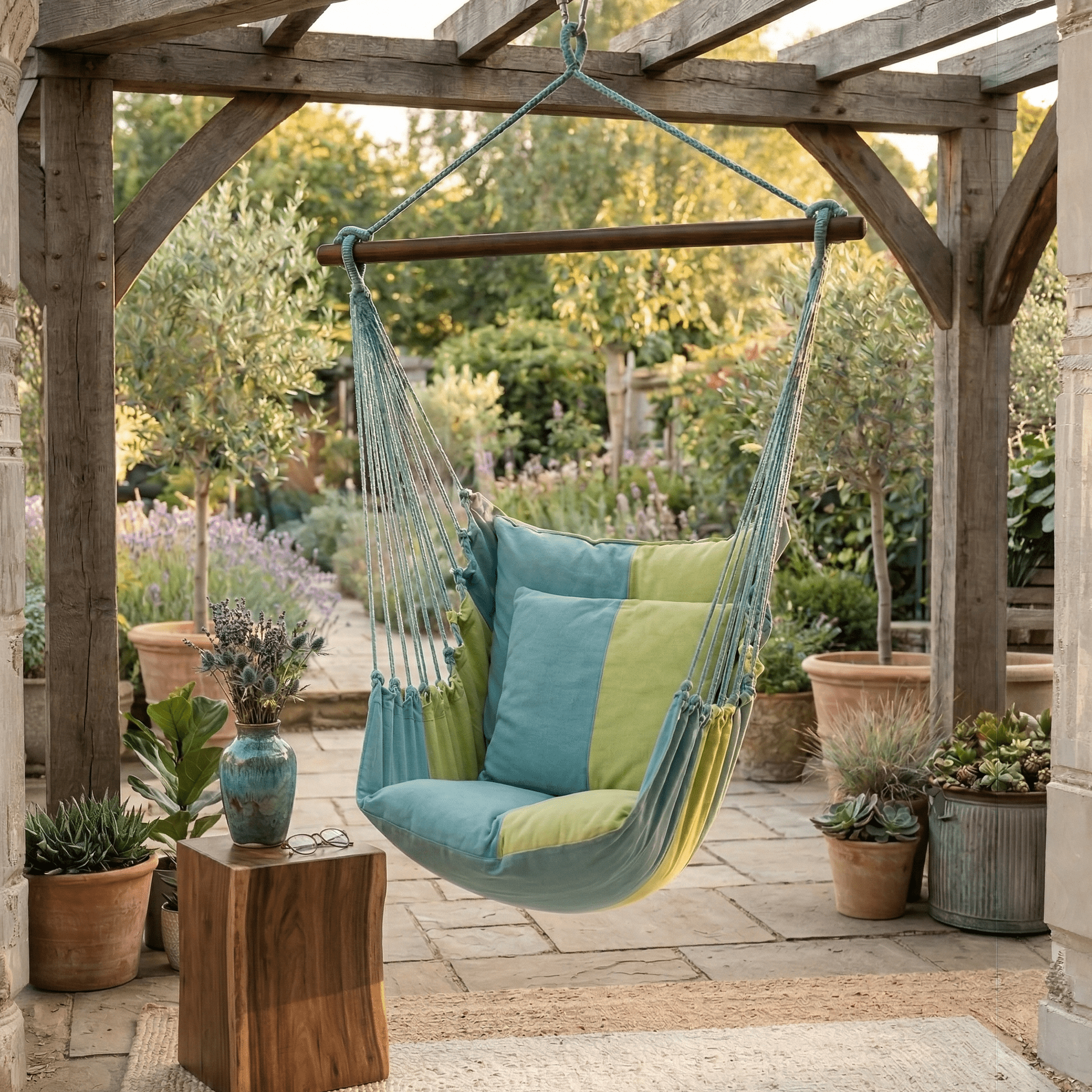 Meadow Mist Stripe Outdoor Hammock Swing Set (4 - Piece with Pillow) - Evira