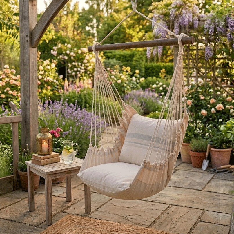 Striped Outdoor Hammock Swing Set (4 - Piece with Pillow) - Evira