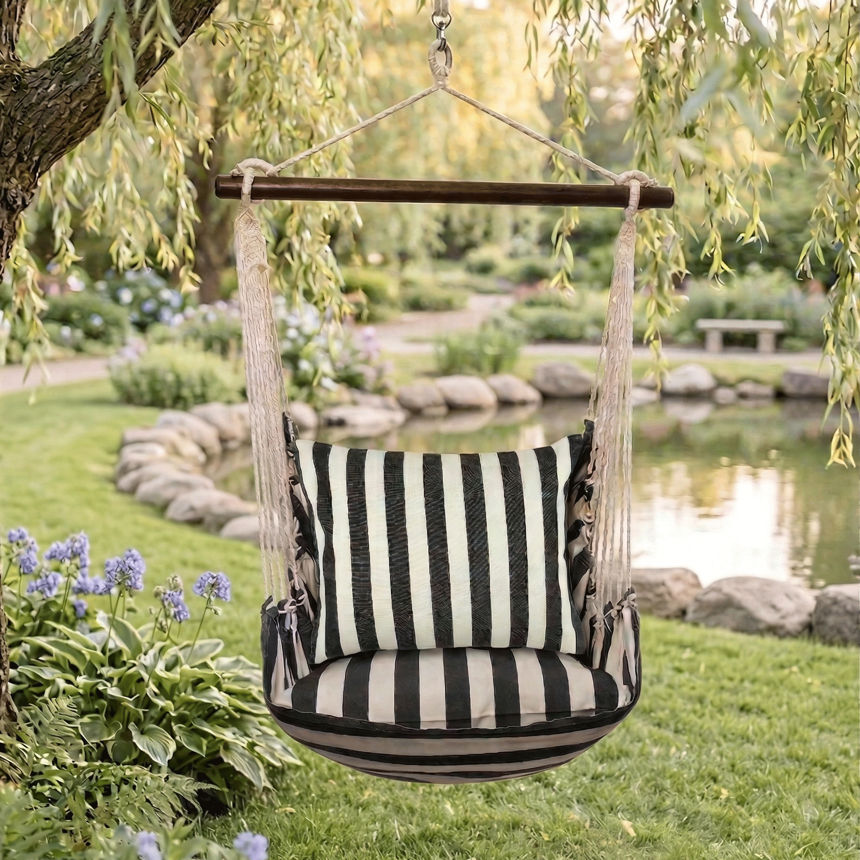 True Black Stripe Outdoor Hammock Swing Set (4 - Piece with Pillow) - Evira