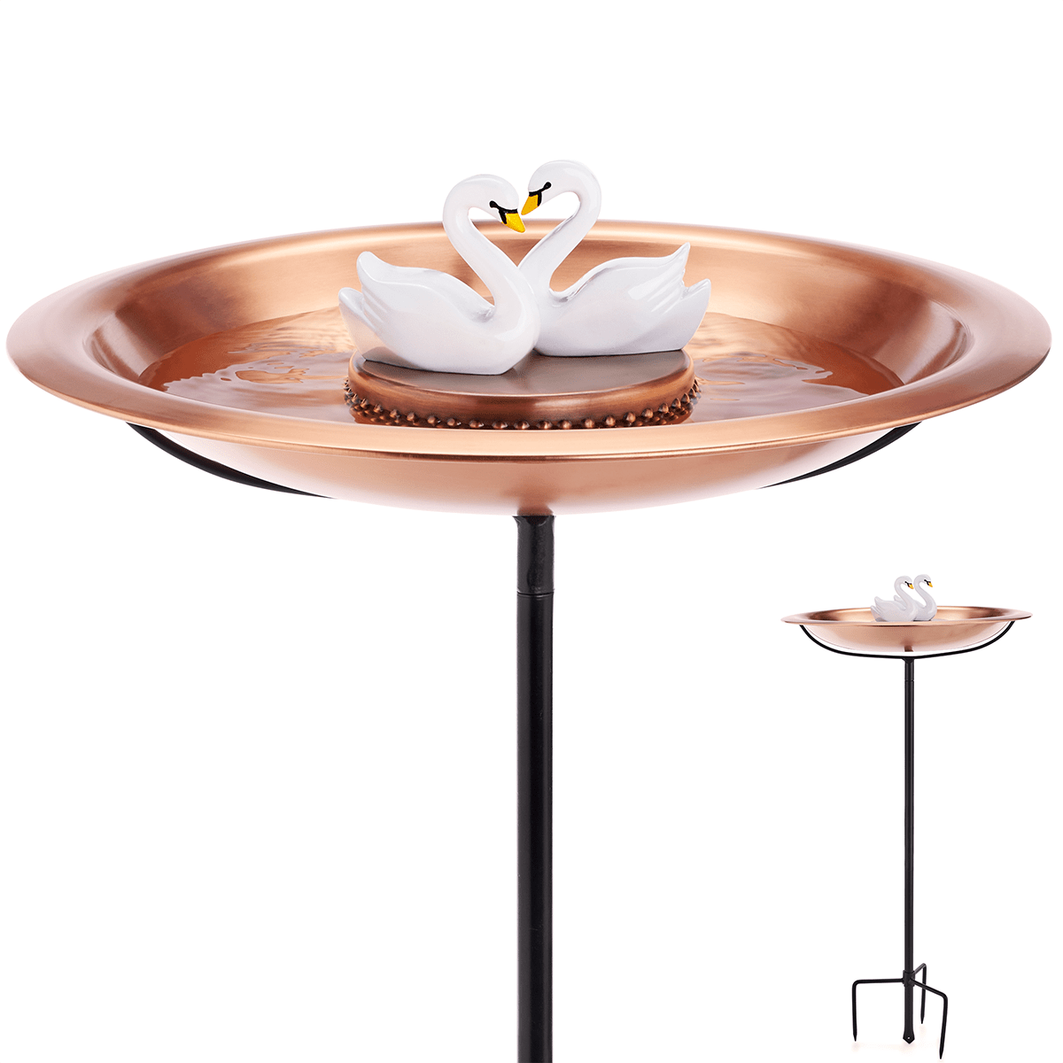18" Matte Copper Bird Bath with Swans and Garden Pole - Evira