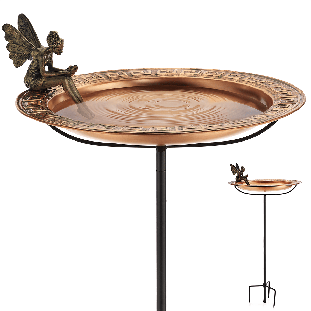 18" Greek Copper Bird Bath with Fairy and Garden Pole - Evira