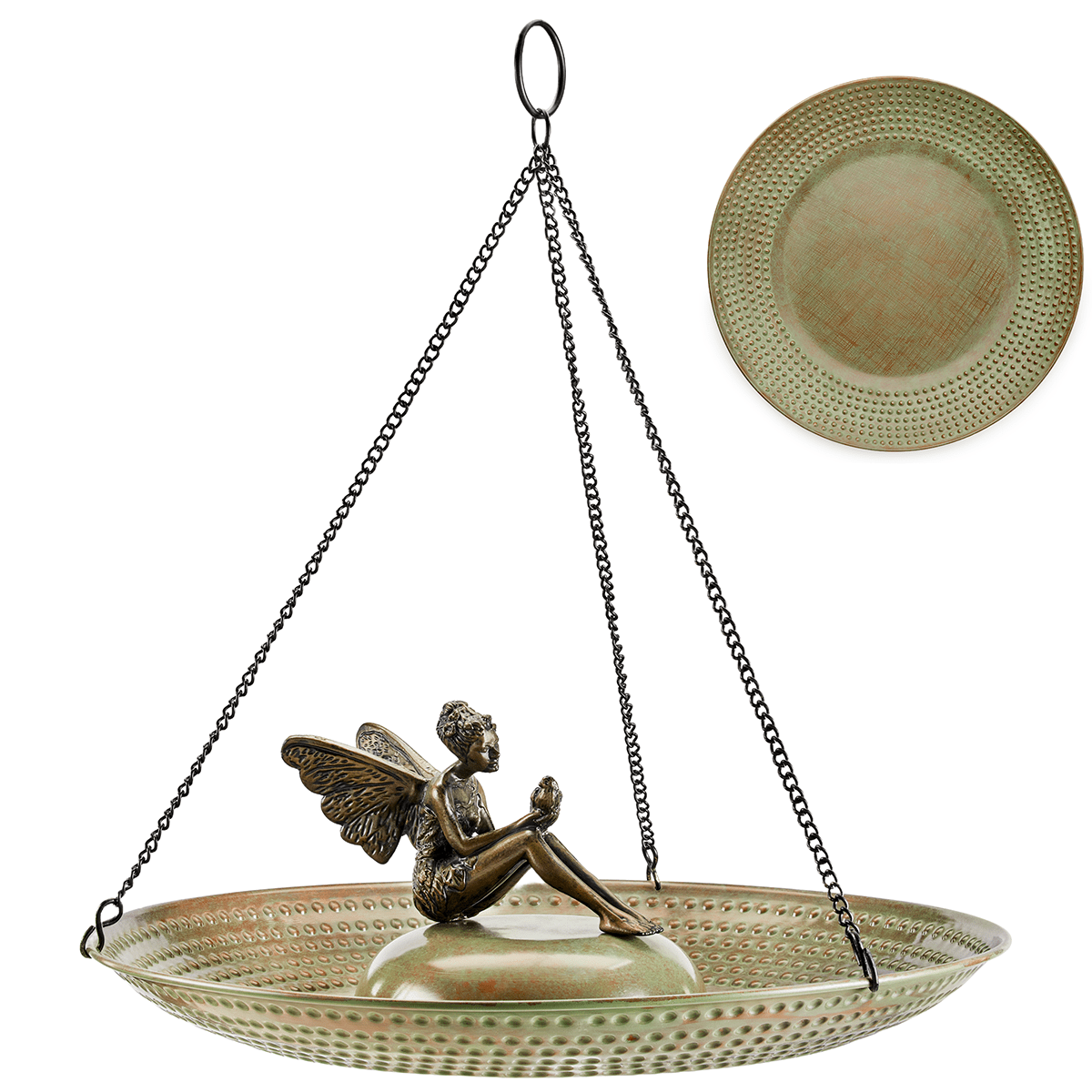 18" Hanging Blue Verde Copper Bird Bath with Fairy - Evira