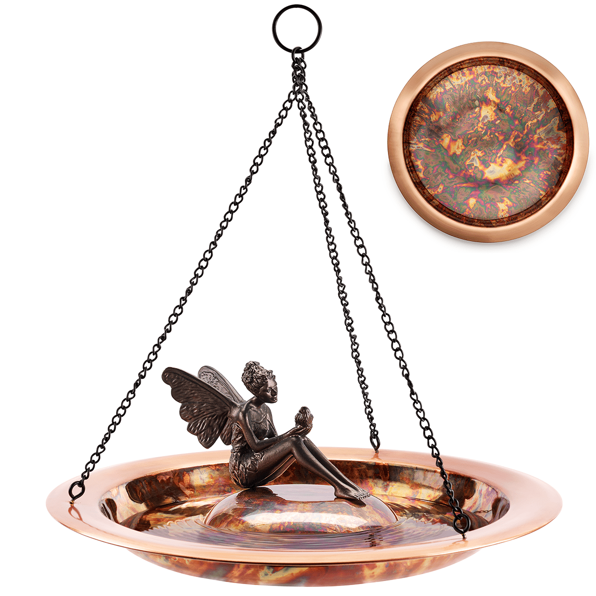 18" Hanging Fired Copper Bird Bath with Fairy - Evira