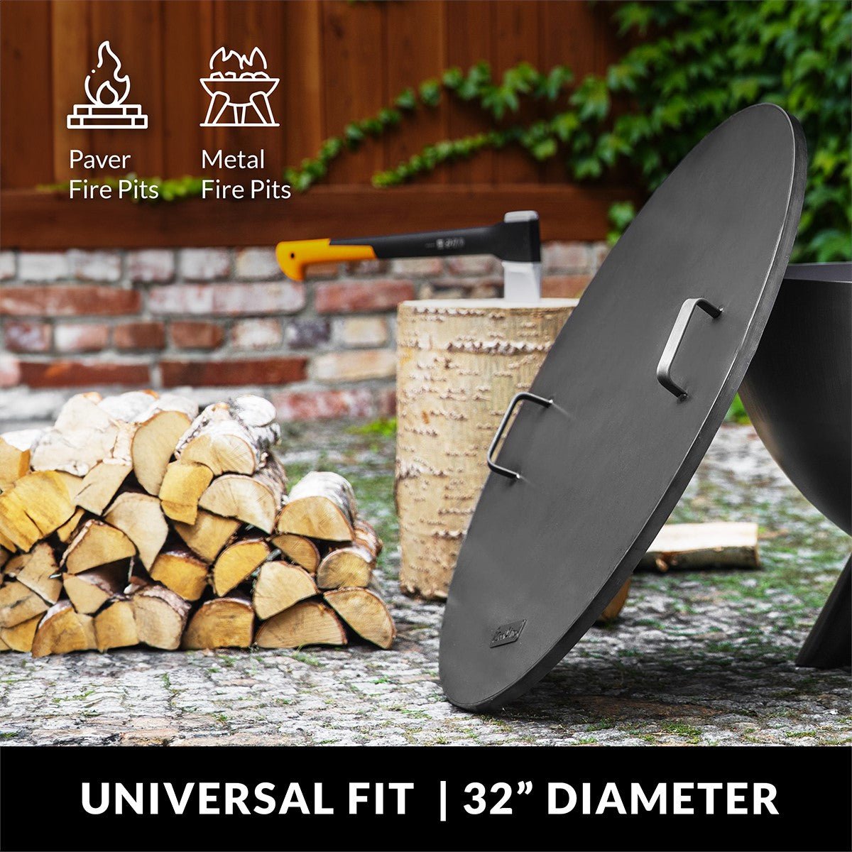 Fire Pit Round Cover Lid, 2mm Thickness, Fire Snuffer in Powder Coated Finish Rust Resistant, Drop-in Burner Fire Pit Pan Lid, Grill Fire Ring Lid with Handle, 32“� inch Diameter - Evira