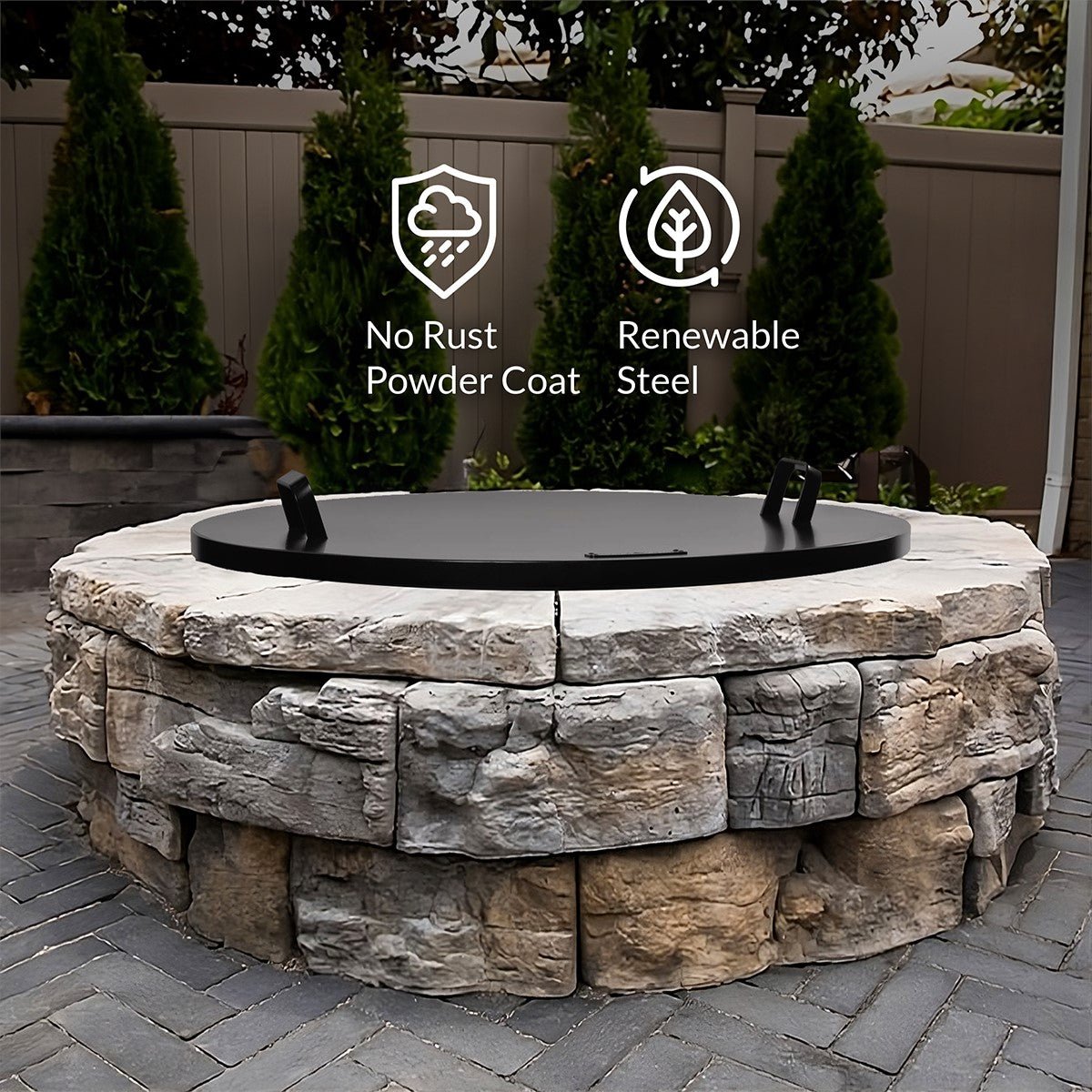 Fire Pit Round Cover Lid, 2mm Thickness, Fire Snuffer in Powder Coated Finish Rust Resistant, Drop-in Burner Fire Pit Pan Lid, Grill Fire Ring Lid with Handle, 32“� inch Diameter - Evira