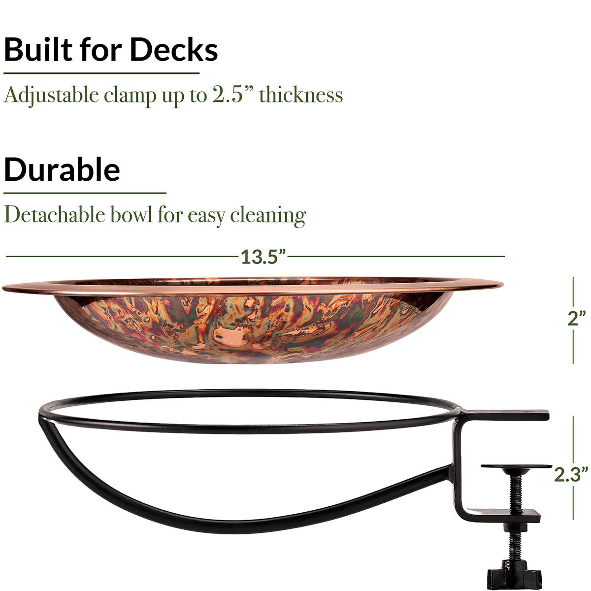 13.5" Fired Copper Bird Bath with Deck Bracket - Evira