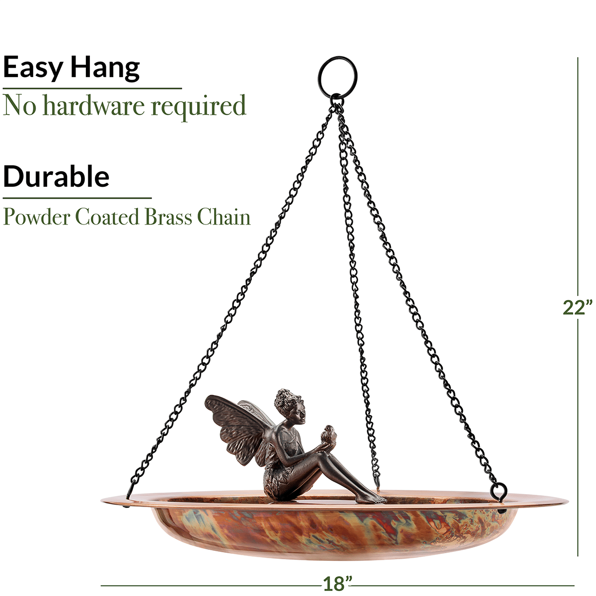 18" Hanging Fired Copper Bird Bath with Fairy - Evira