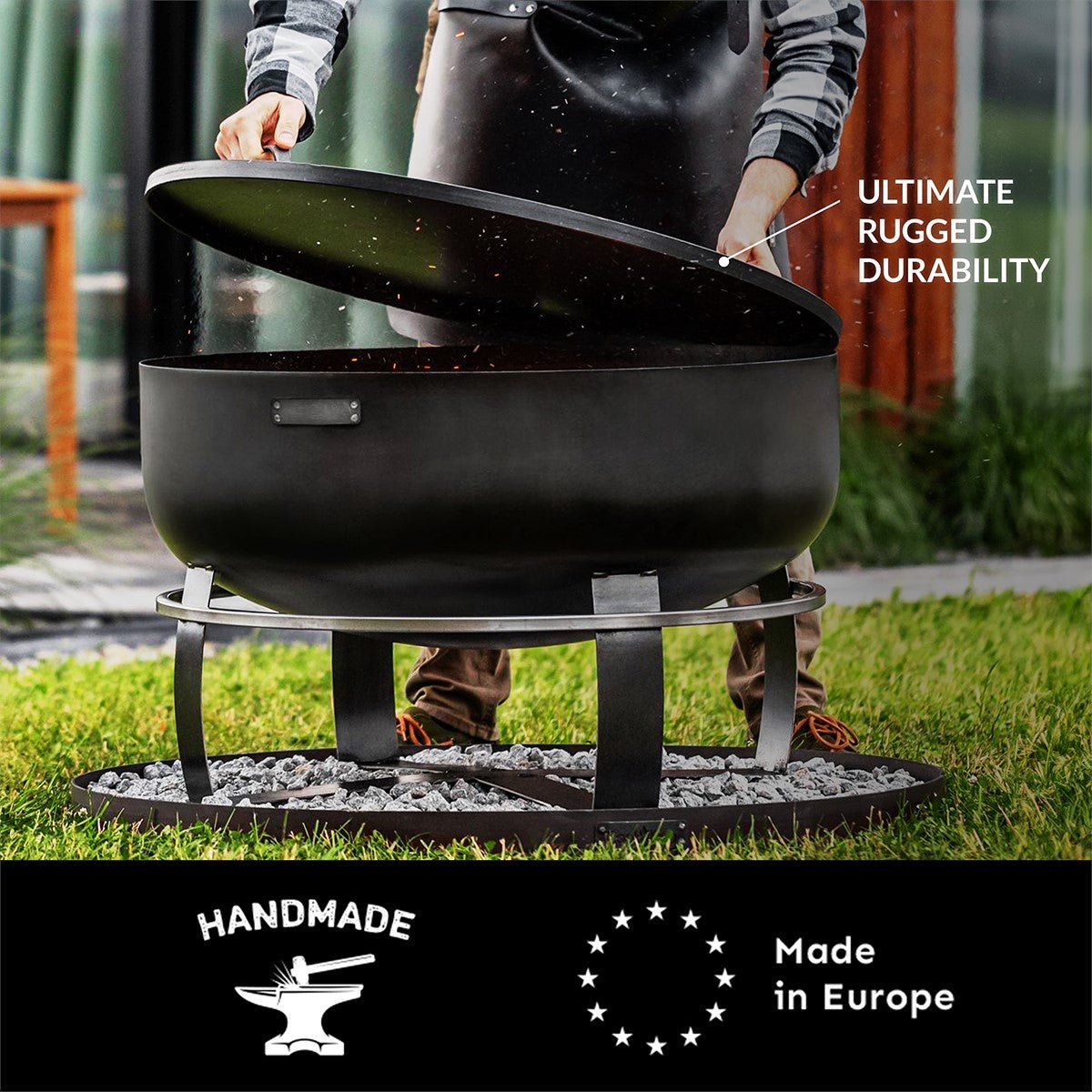 Fire Pit Round Cover Lid, 2mm Thickness, Fire Snuffer in Powder Coated Finish Rust Resistant, Drop-in Burner Fire Pit Pan Lid, Grill Fire Ring Lid with Handle, 24“� inch Diameter - Evira