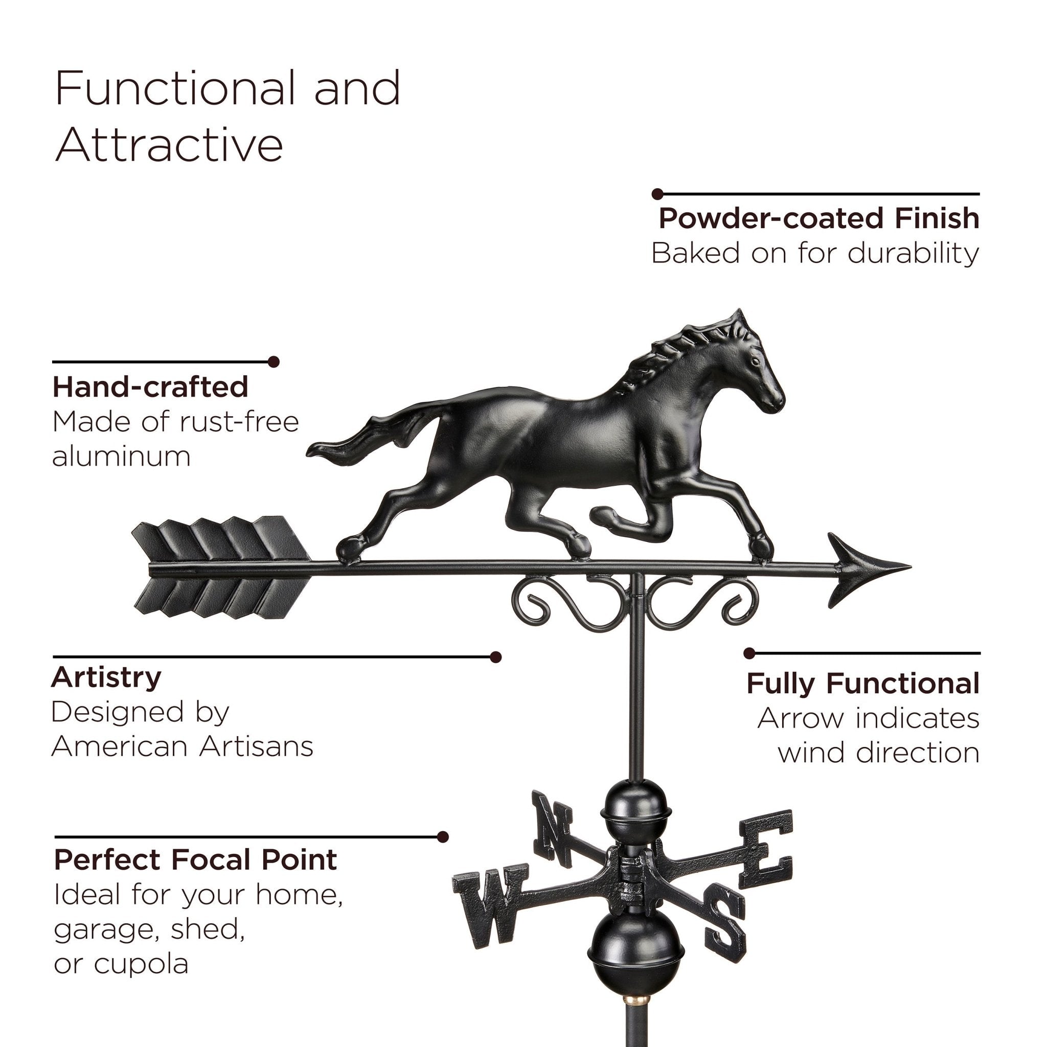 30" Square Coventry Vinyl Cupola with Black Aluminum roof and Black Aluminum Horse Weathervane - Evira