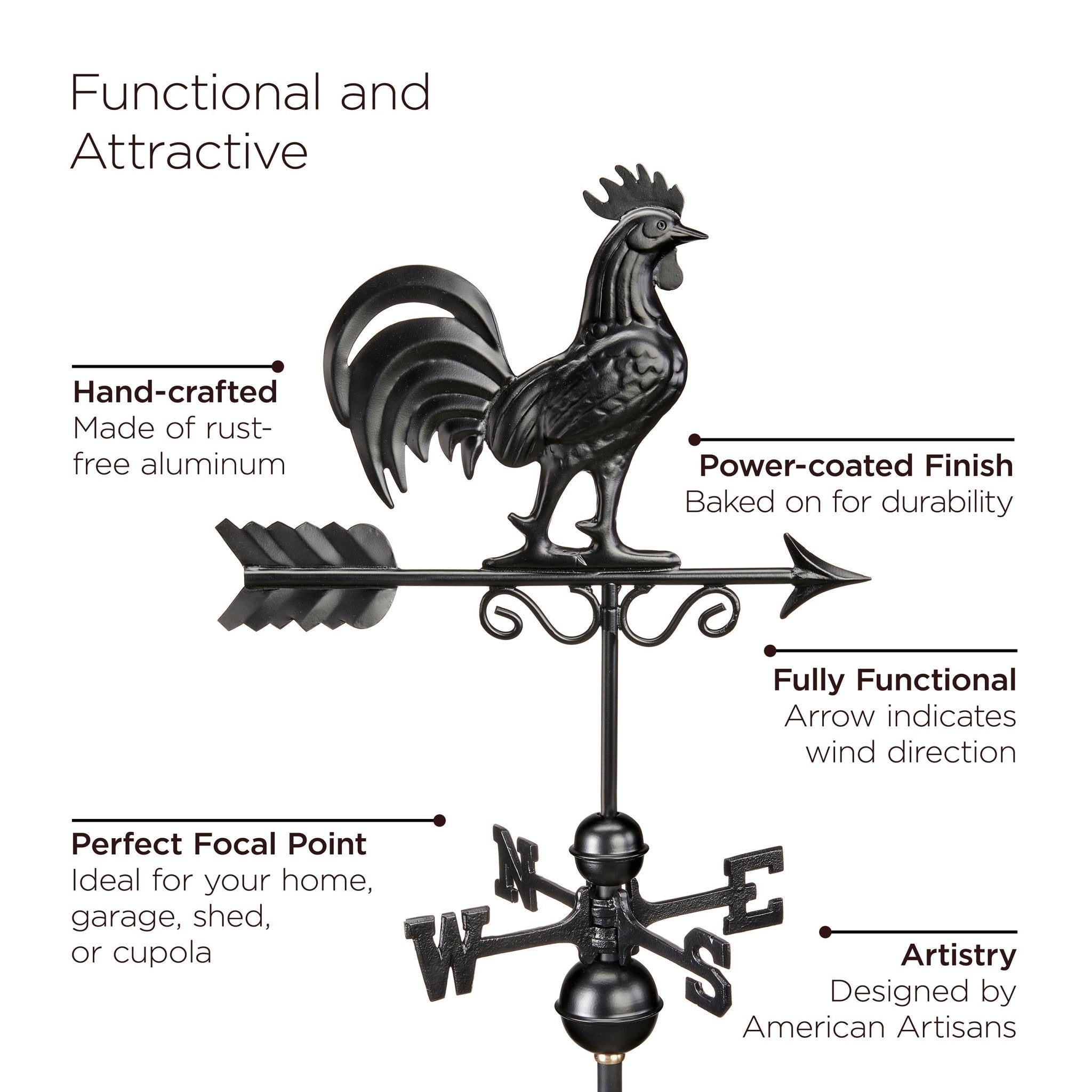 30" Square Manchester Vinyl Cupola with Black Aluminum roof and Black Aluminum Rooster Weathervane - Evira