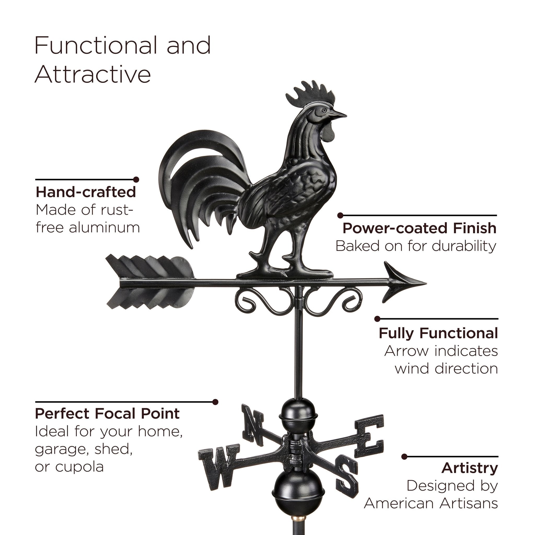 30" Square Coventry Vinyl Cupola with Black Aluminum roof and Black Aluminum Rooster Weathervane by Evira - Evira