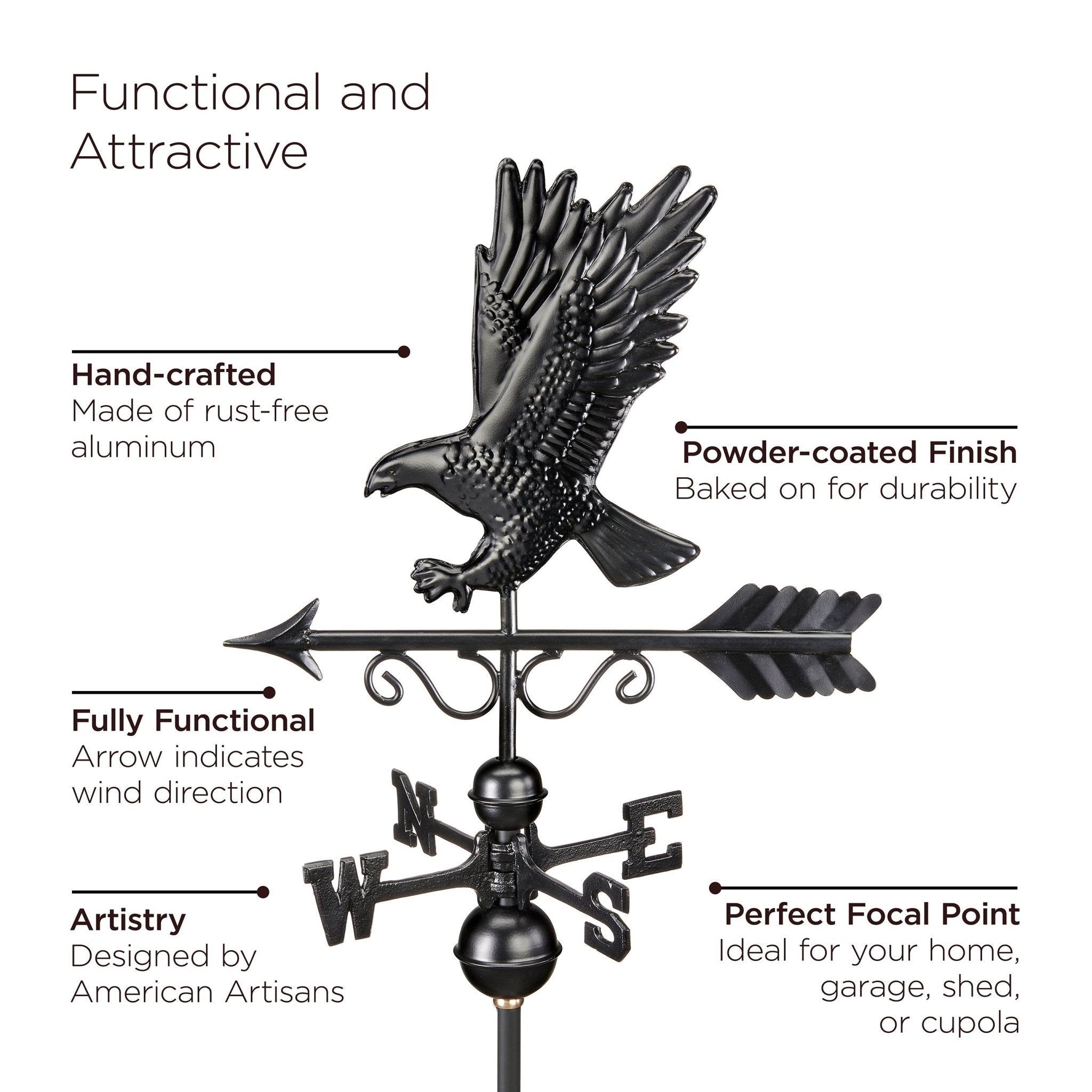 30" Square Manchester Vinyl Cupola with Black Aluminum roof and Black Aluminum Eagle Weathervane - Evira