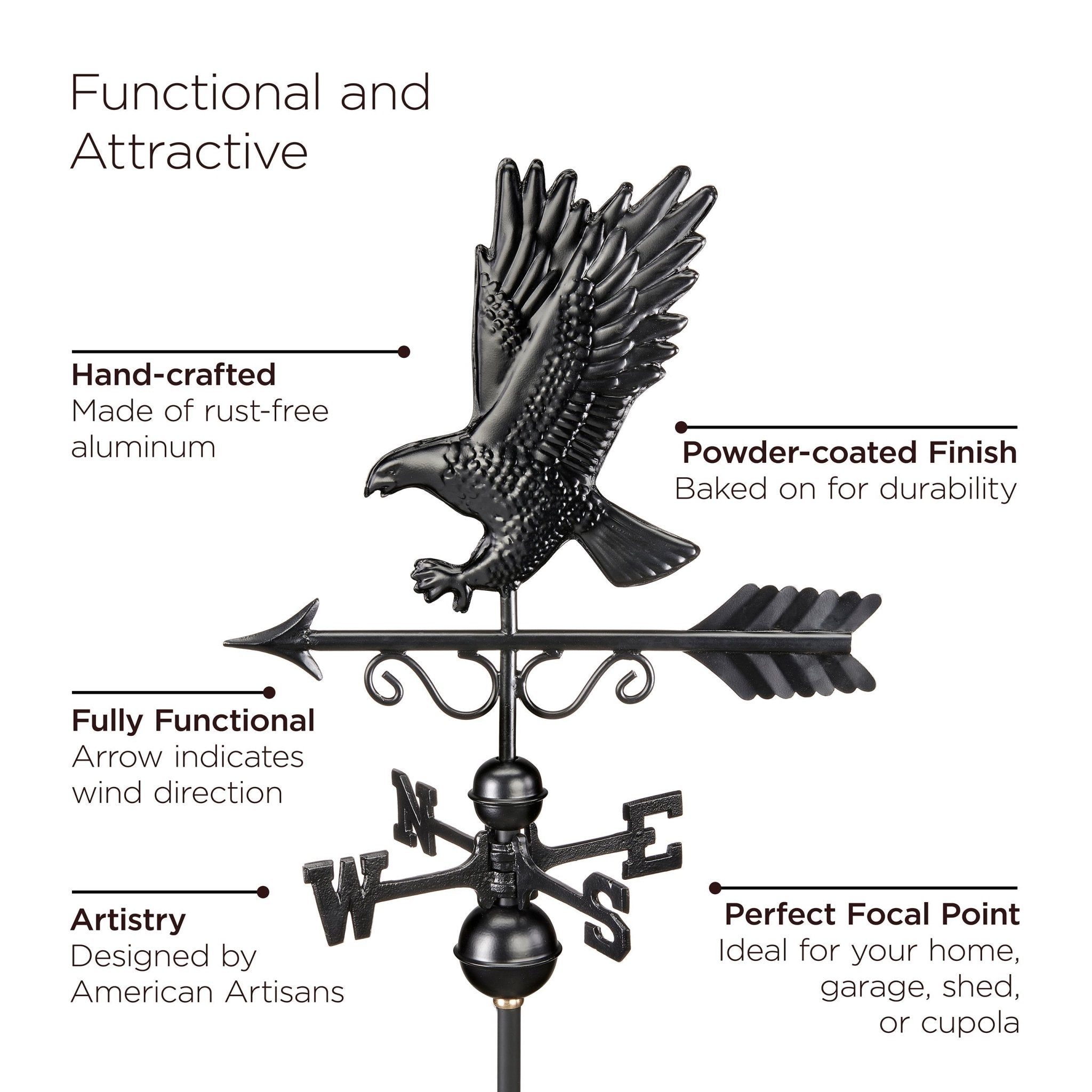 30" Square Coventry Vinyl Cupola with Black Aluminum roof and Black Aluminum Eagle Weathervane - Evira