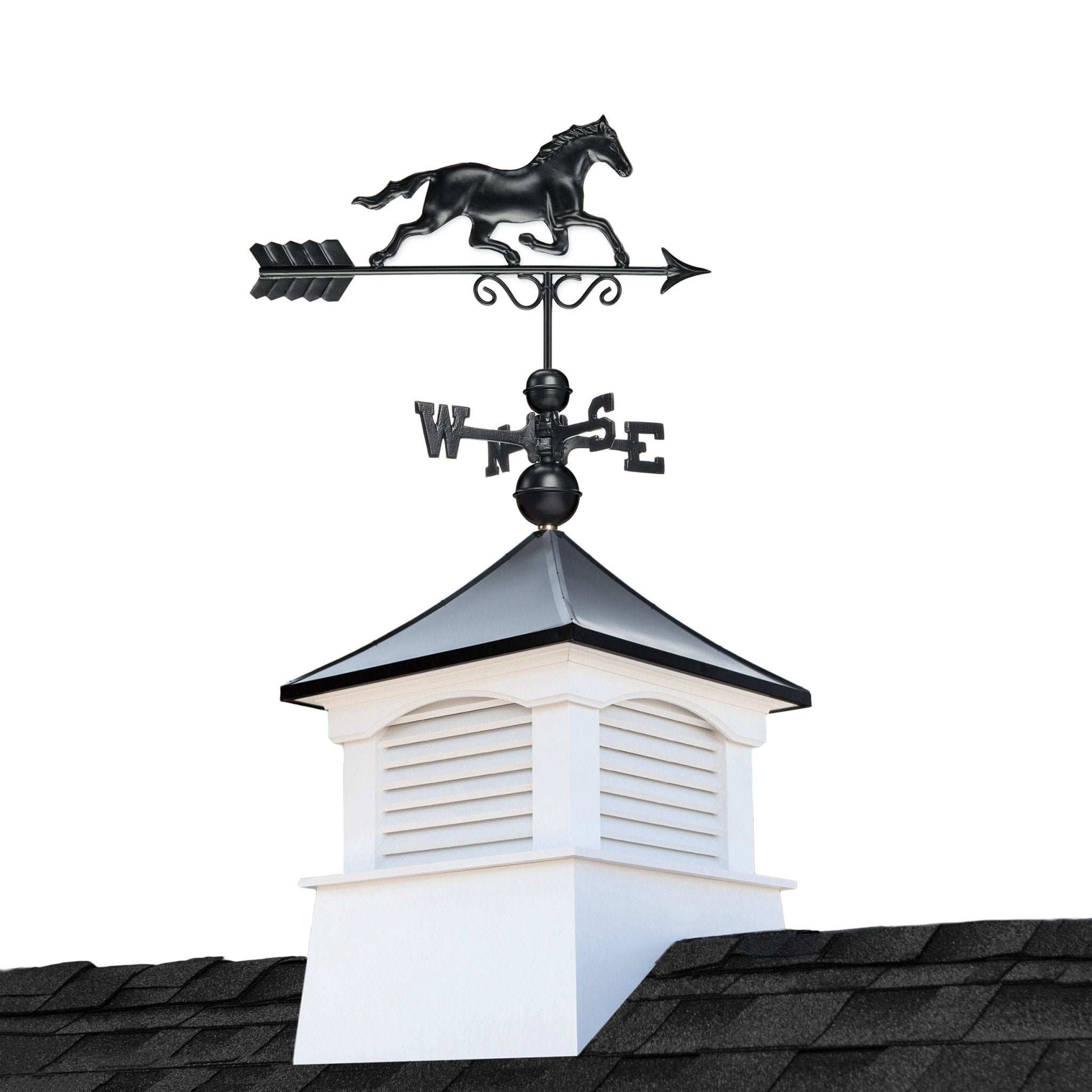18" Square Coventry Vinyl Cupola with Black Aluminum roof and Black Aluminum Horse Weathervane - Evira