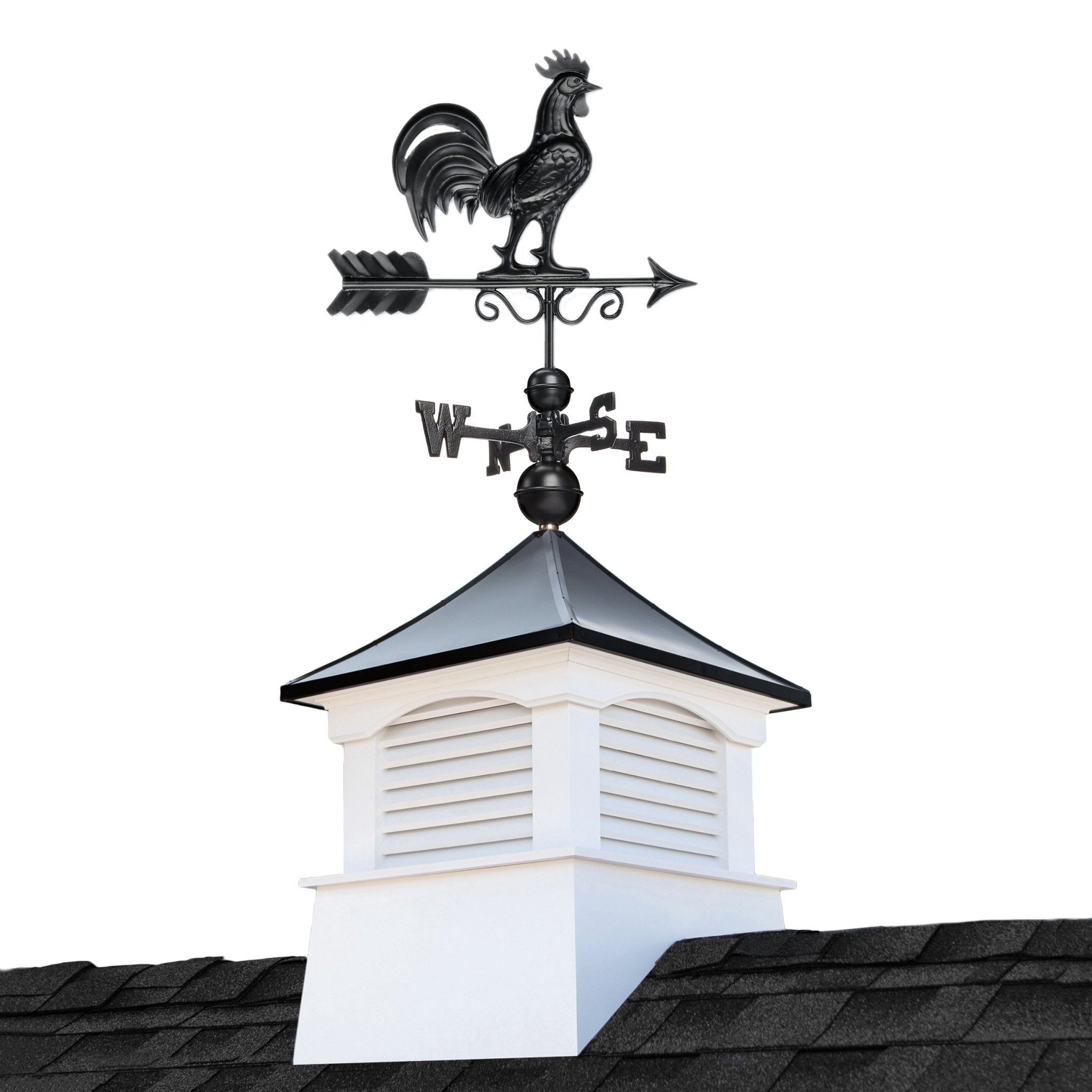 18" Square Coventry Vinyl Cupola with Black Aluminum roof and Black Aluminum Rooster Weathervane by Evira - Evira