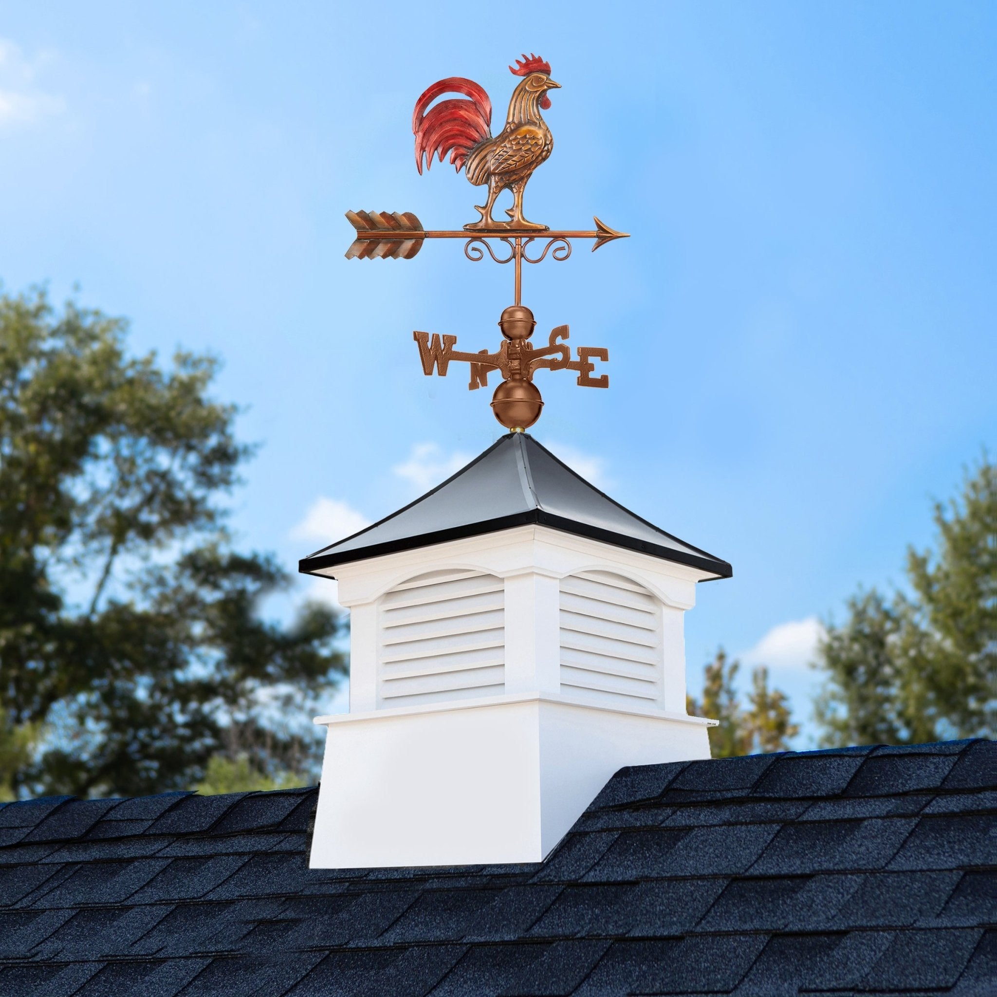18" Square Coventry Vinyl Cupola with Black Aluminum Roof and Red Rooster Weathervane by Evira - Evira