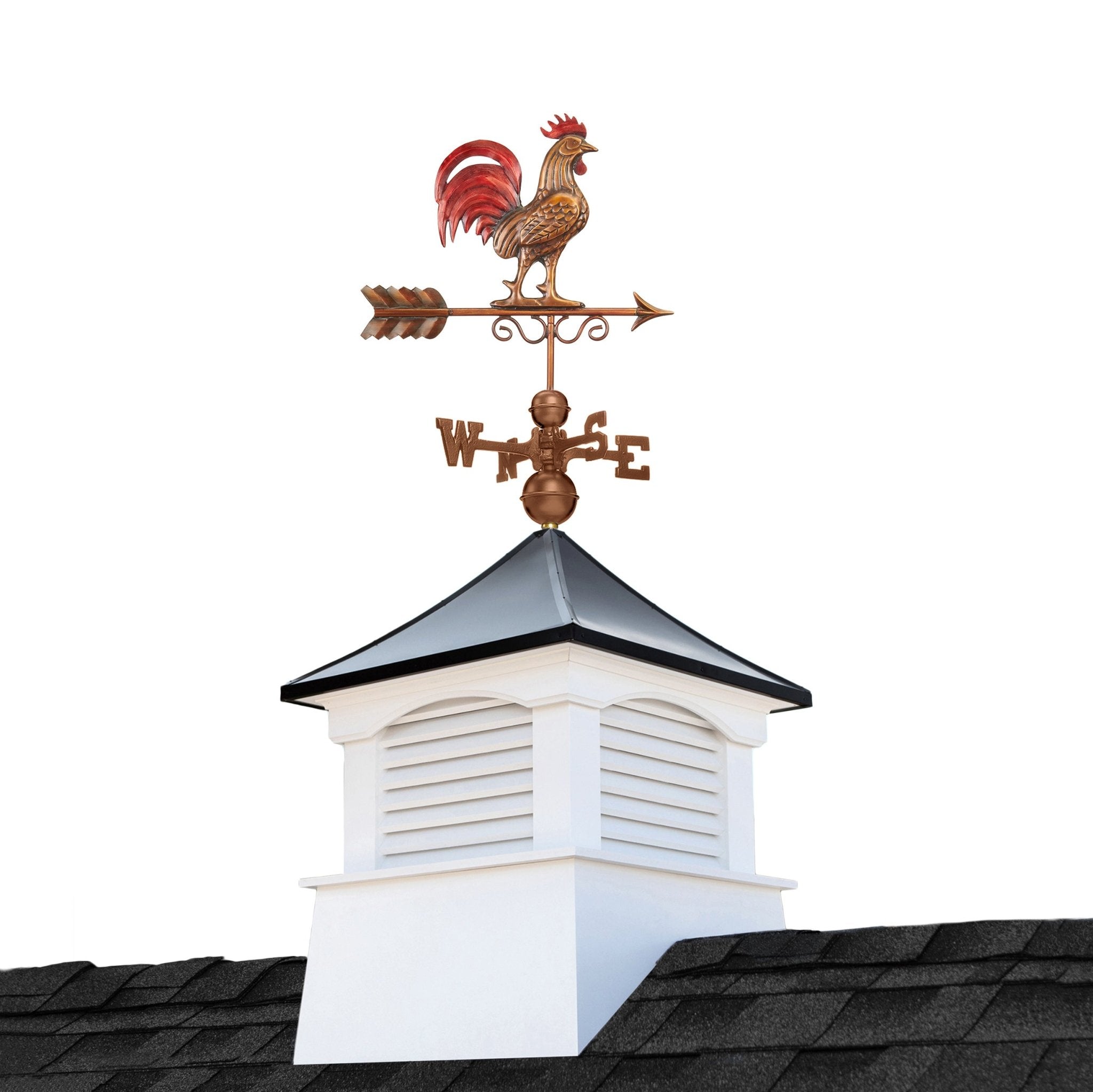 18" Square Coventry Vinyl Cupola with Black Aluminum Roof and Red Rooster Weathervane by Evira - Evira