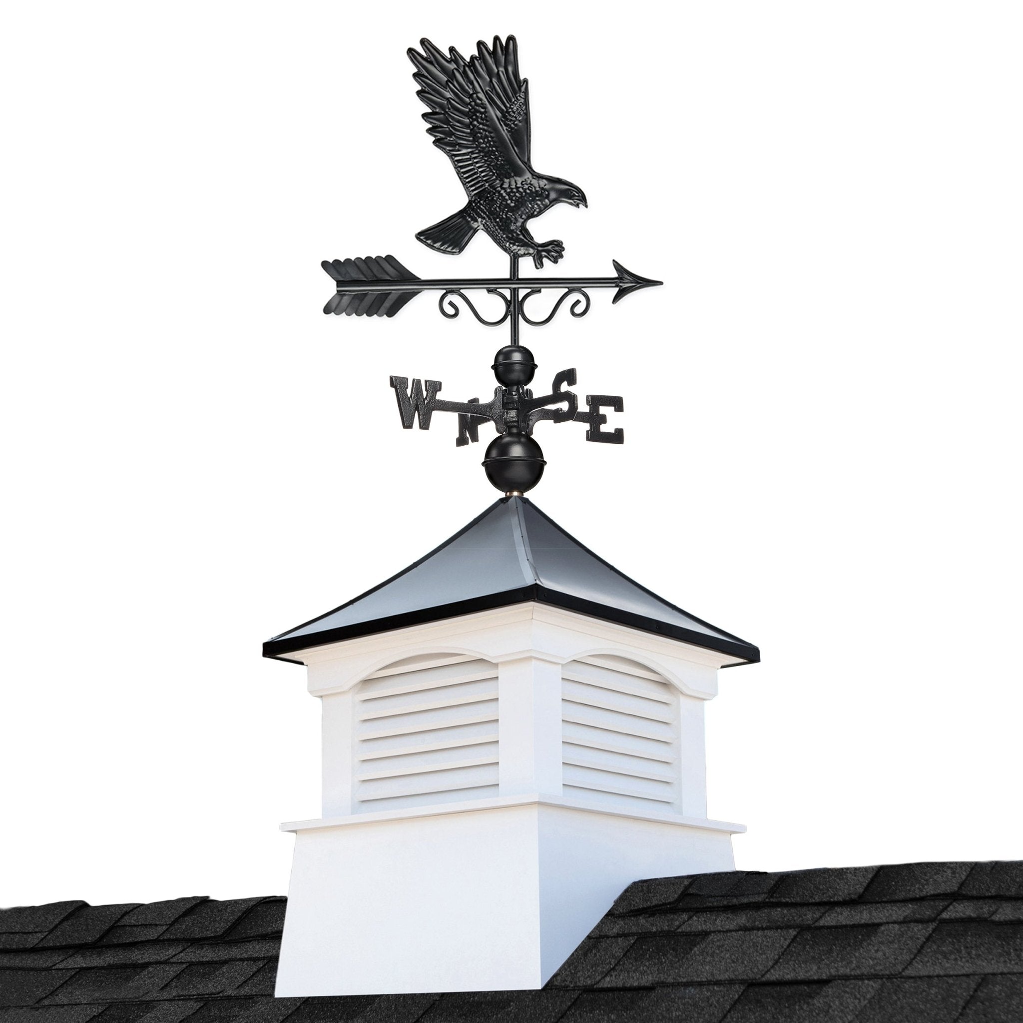 18" Square Coventry Vinyl Cupola with Black Aluminum roof and Black Aluminum Eagle Weathervane - Evira