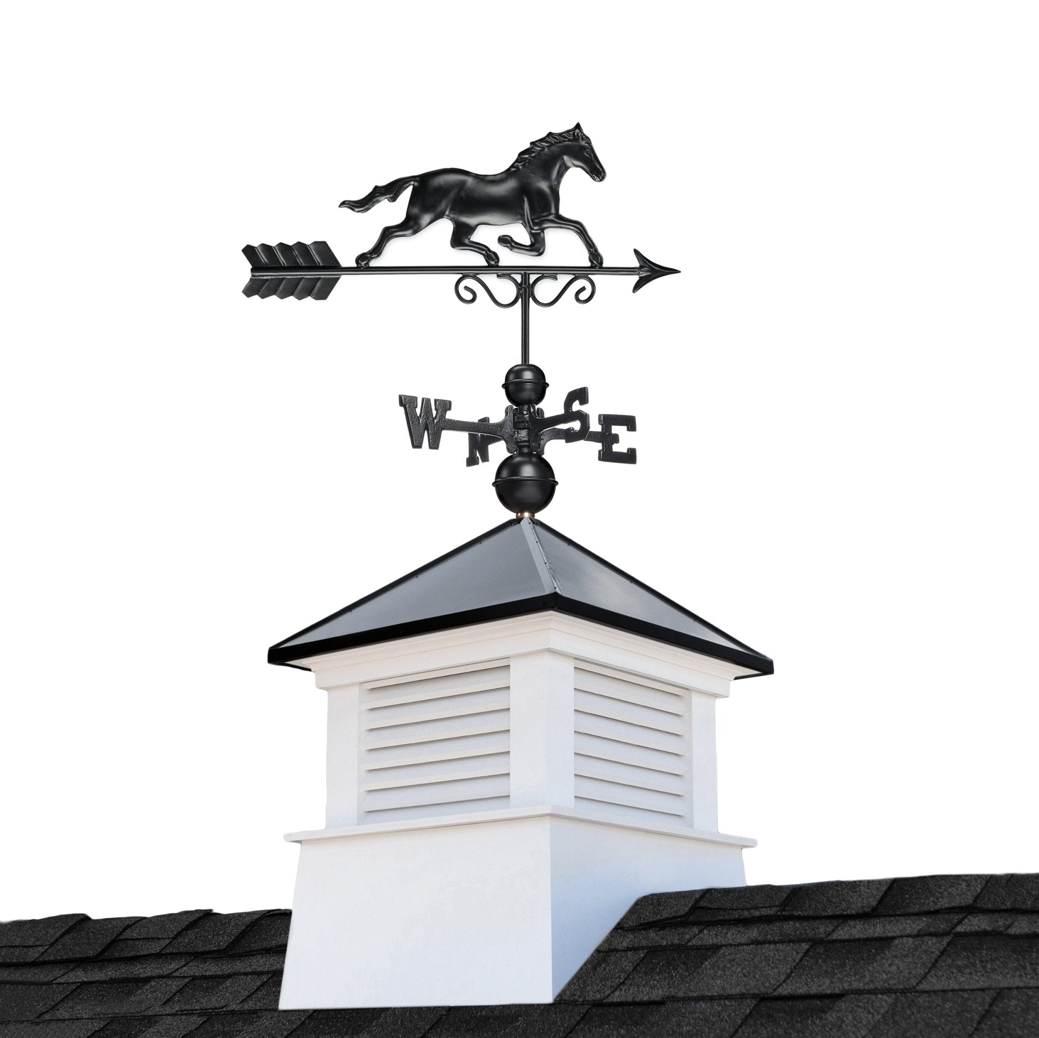 18" Square Manchester Vinyl Cupola with Black Aluminum roof and Black Aluminum Horse - Evira