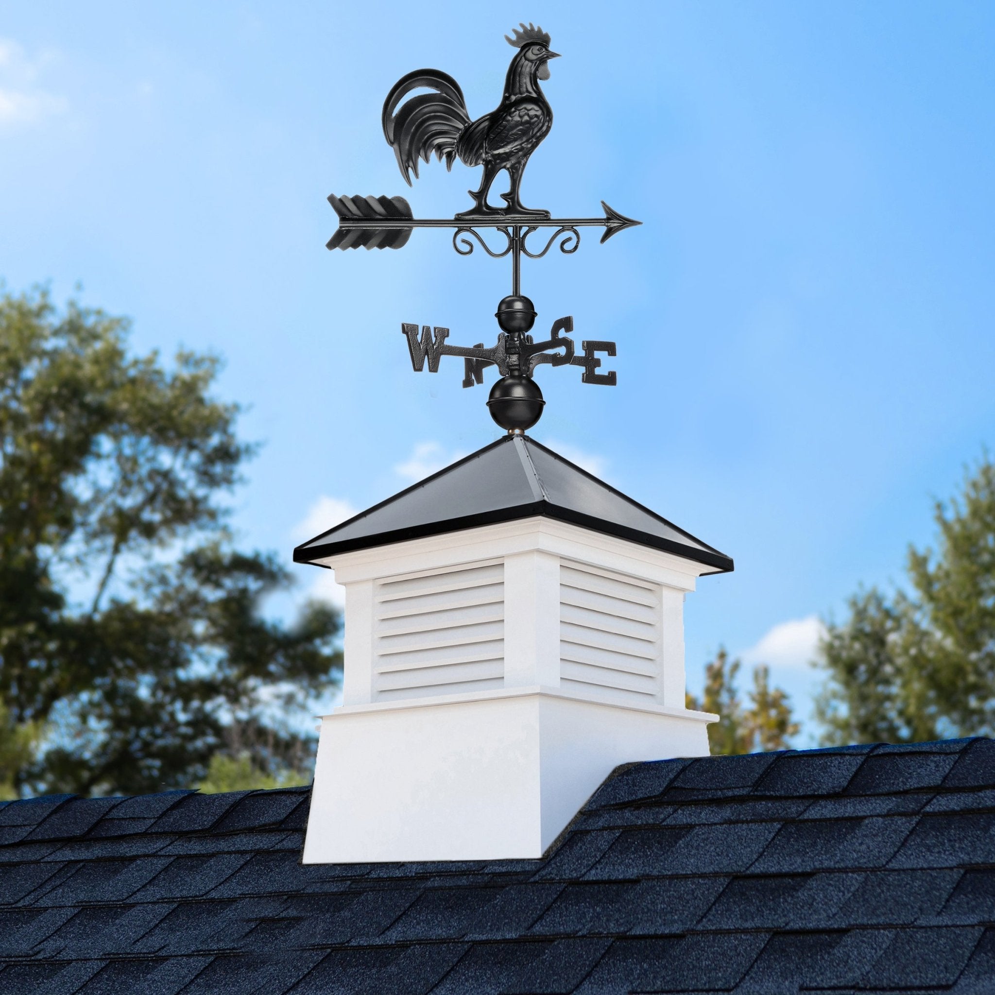 18" Square Manchester Vinyl Cupola with Black Aluminum roof and Black Aluminum Rooster Weathervane - Evira