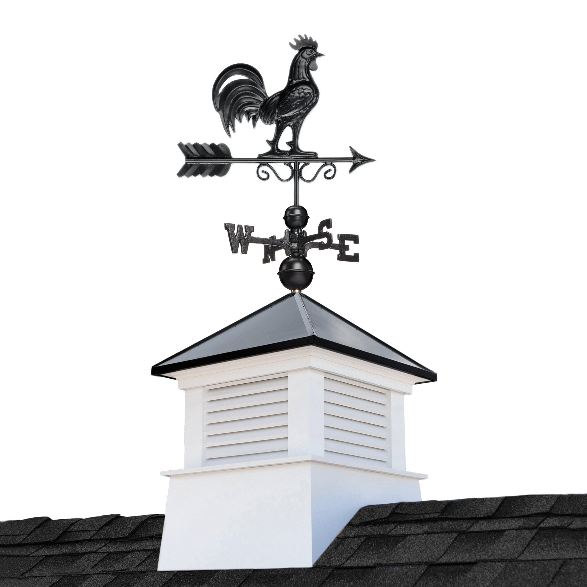 18" Square Manchester Vinyl Cupola with Black Aluminum roof and Black Aluminum Rooster Weathervane - Evira