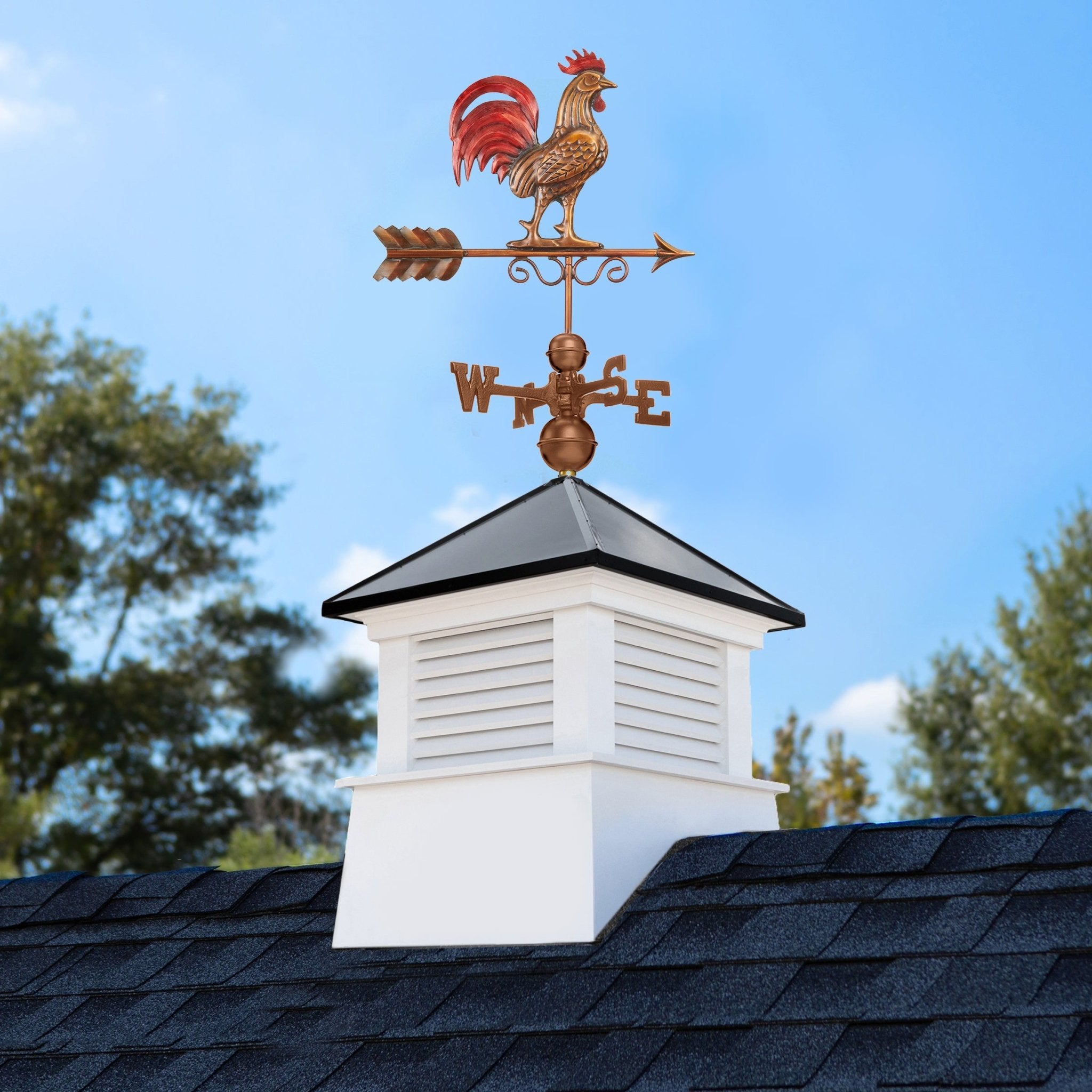 18" Square Manchester Vinyl Cupola with Black Aluminum roof and Copper Bantam Red Rooster Weathervane - Evira