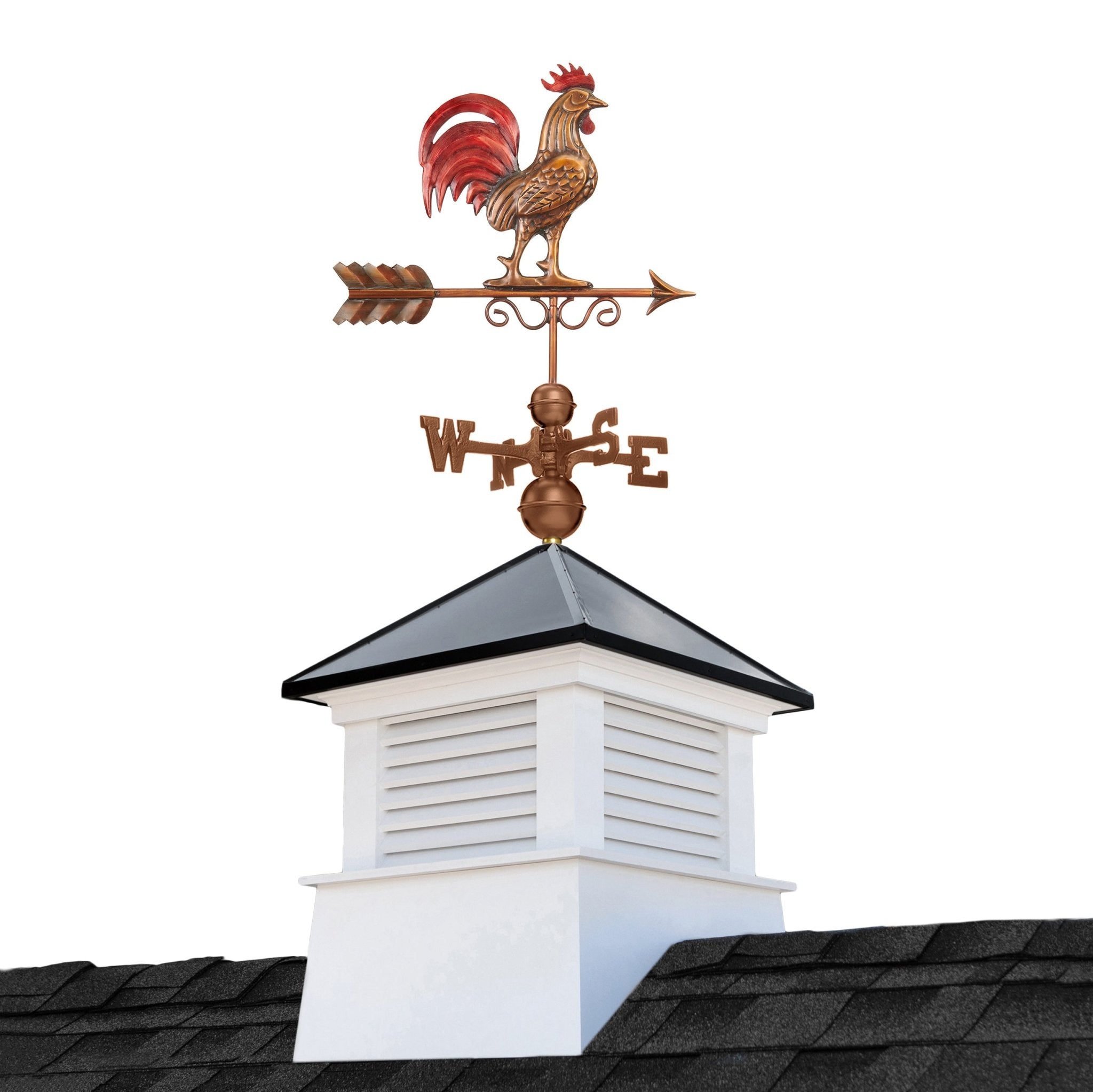 18" Square Manchester Vinyl Cupola with Black Aluminum roof and Copper Bantam Red Rooster Weathervane - Evira