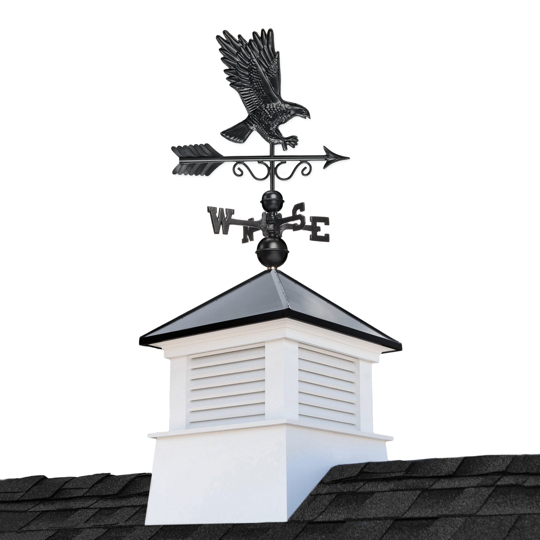 18" Square Manchester Vinyl Cupola with Black Aluminum roof and Black Aluminum Eagle Weathervane - Evira