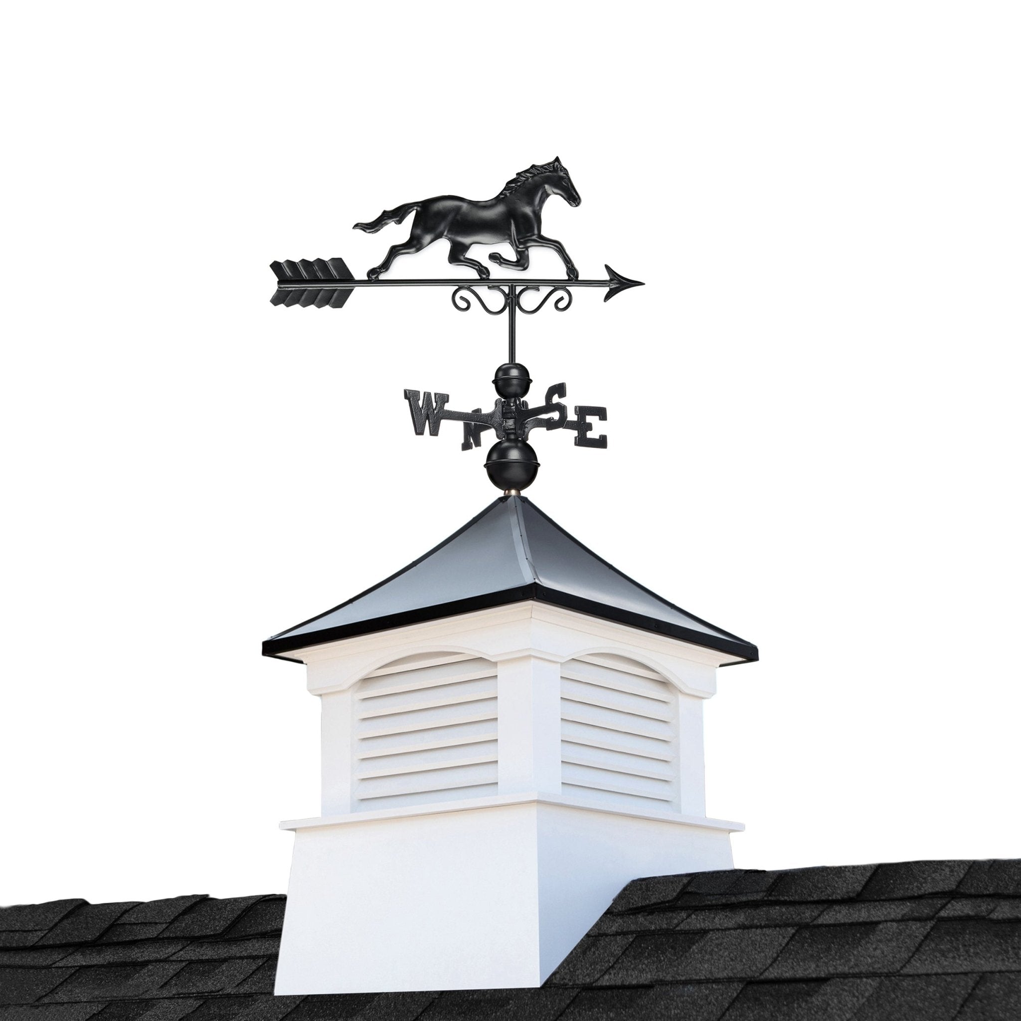 26" Square Coventry Vinyl Cupola with Black Aluminum roof and Black Aluminum Horse Weathervane - Evira