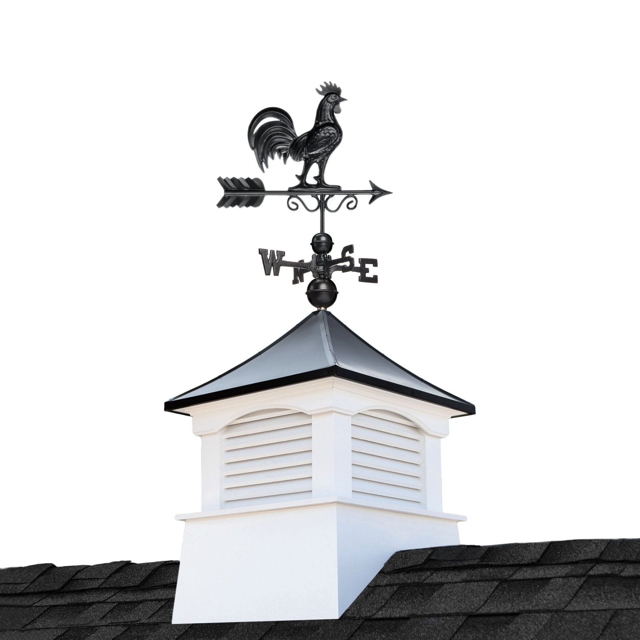 26" Square Coventry Vinyl Cupola with Black Aluminum roof and Black Aluminum Rooster Weathervane by Evira - Evira