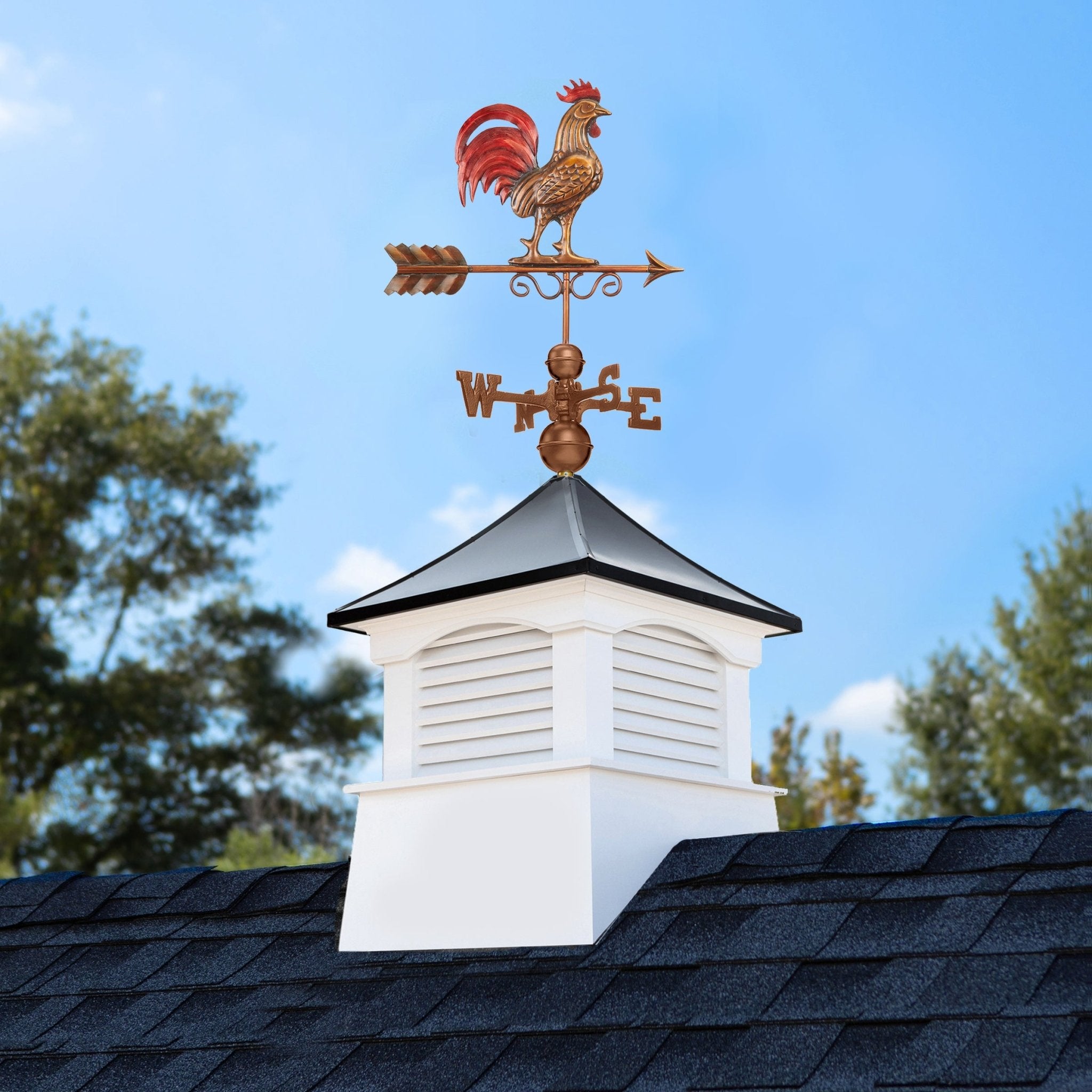 26" Square Coventry Vinyl Cupola with Black Aluminum Roof and Red Rooster Weathervane by Evira - Evira