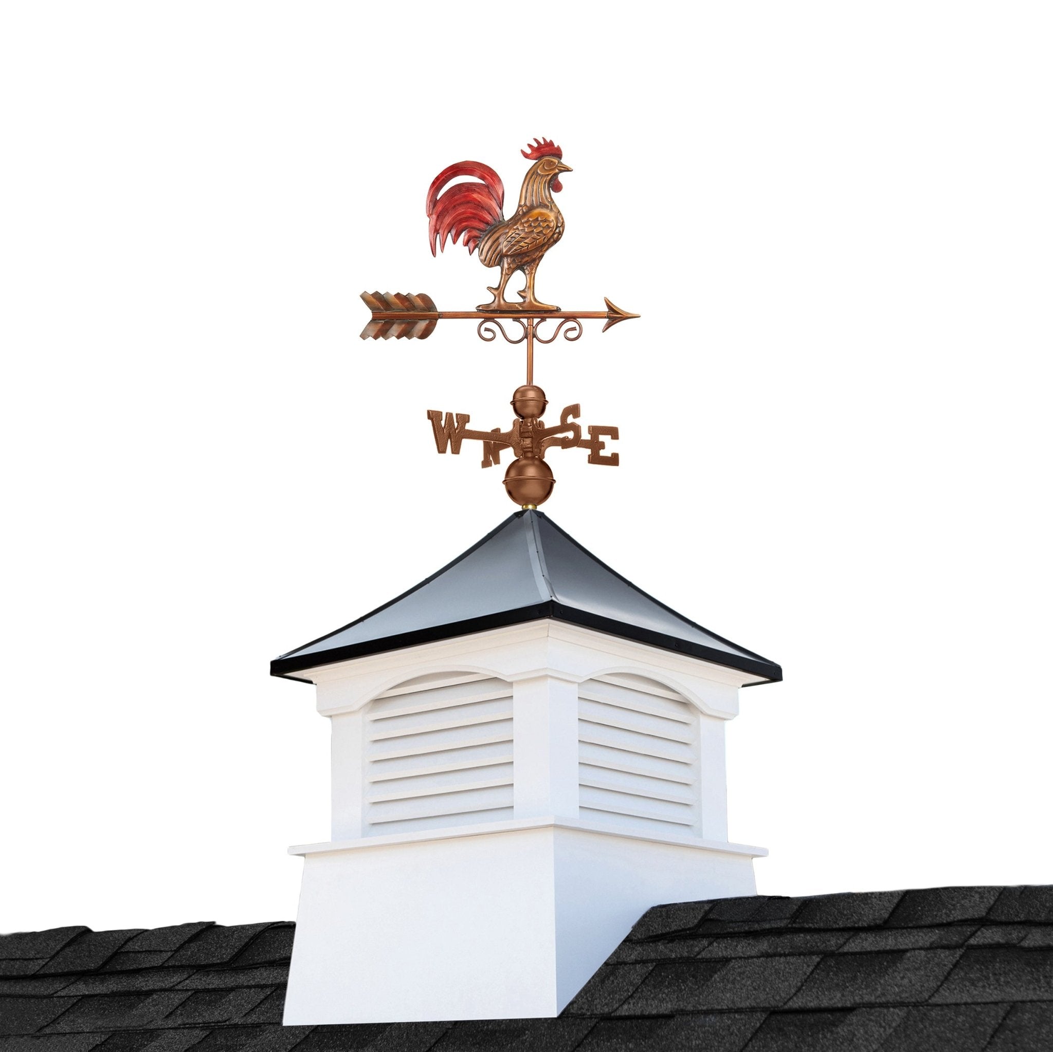26" Square Coventry Vinyl Cupola with Black Aluminum Roof and Red Rooster Weathervane by Evira - Evira