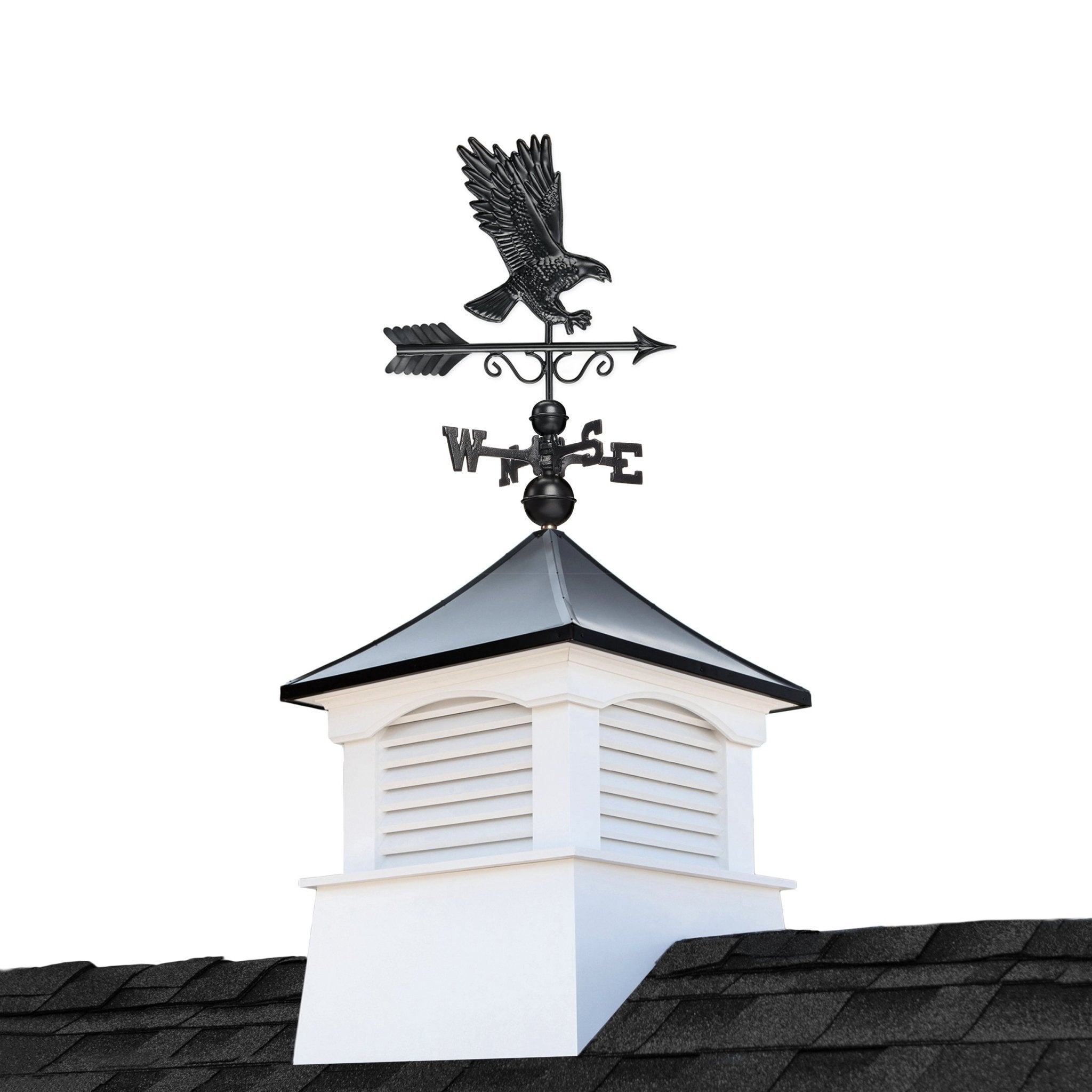 26" Square Coventry Vinyl Cupola with Black Aluminum roof and Black Aluminum Eagle Weathervane - Evira