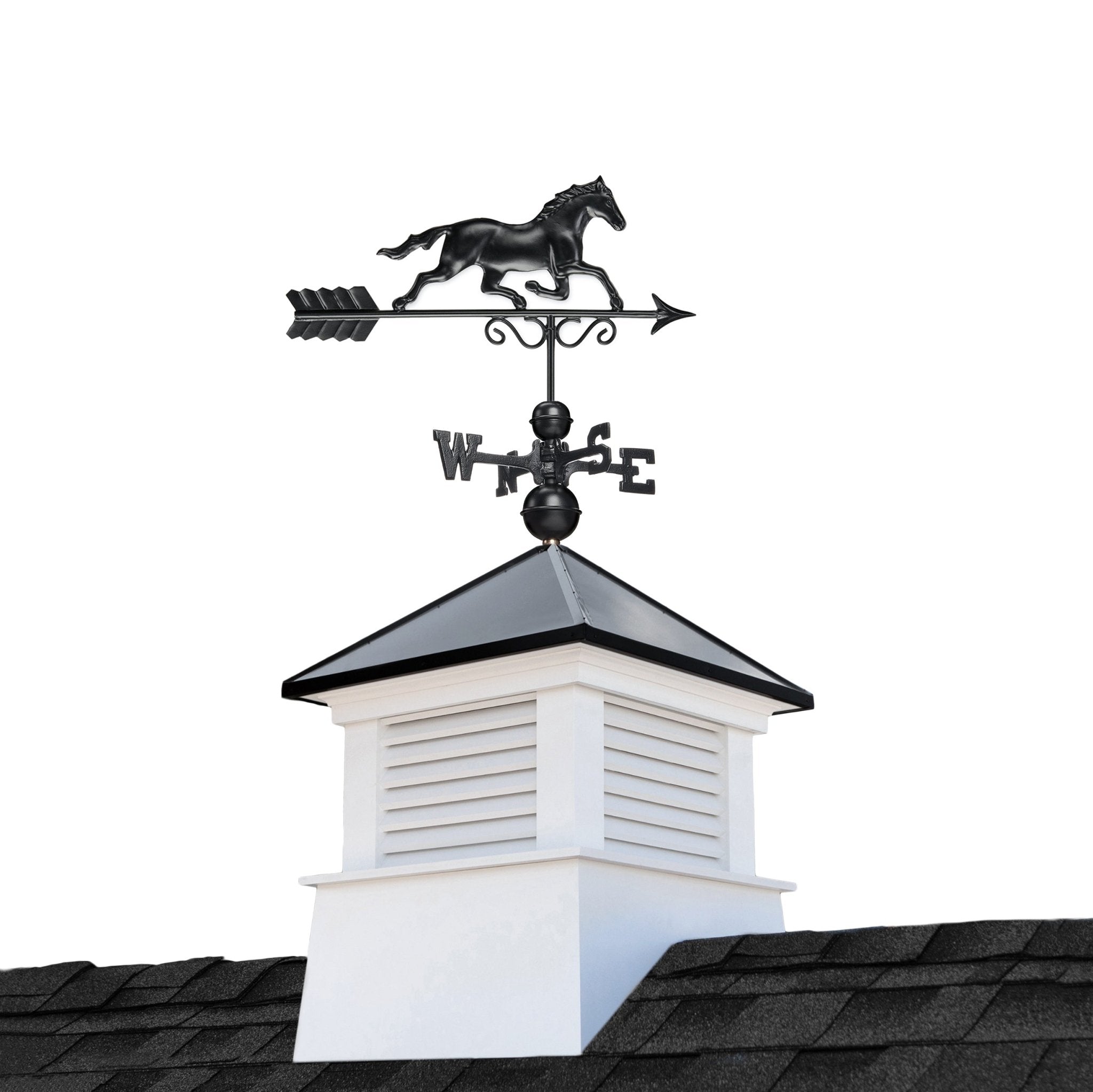 26" Square Manchester Vinyl Cupola with Black Aluminum roof and Black Aluminum Horse - Evira