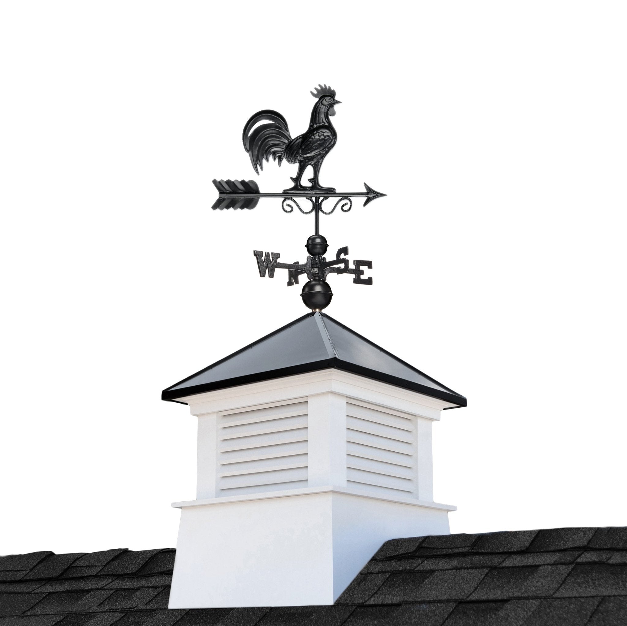 26" Square Manchester Vinyl Cupola with Black Aluminum roof and Black Aluminum Rooster Weathervane - Evira
