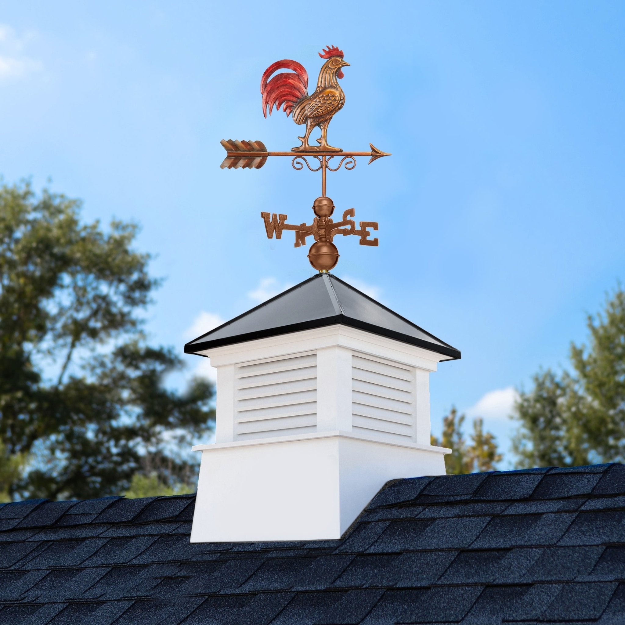 26" Square Manchester Vinyl Cupola with Black Aluminum Roof and Red Rooster Weathervane by Evira - Evira