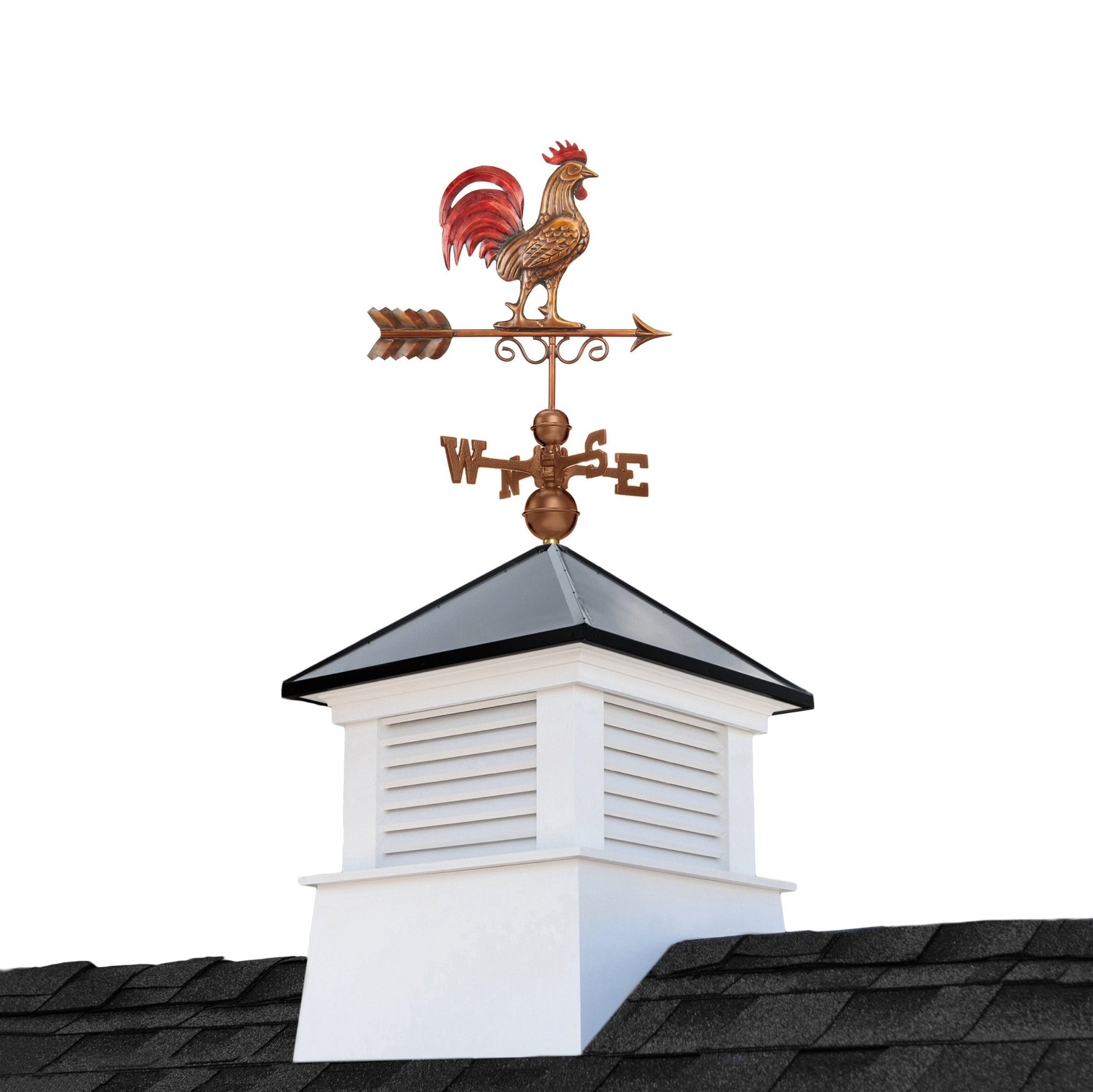 26" Square Manchester Vinyl Cupola with Black Aluminum Roof and Red Rooster Weathervane by Evira - Evira