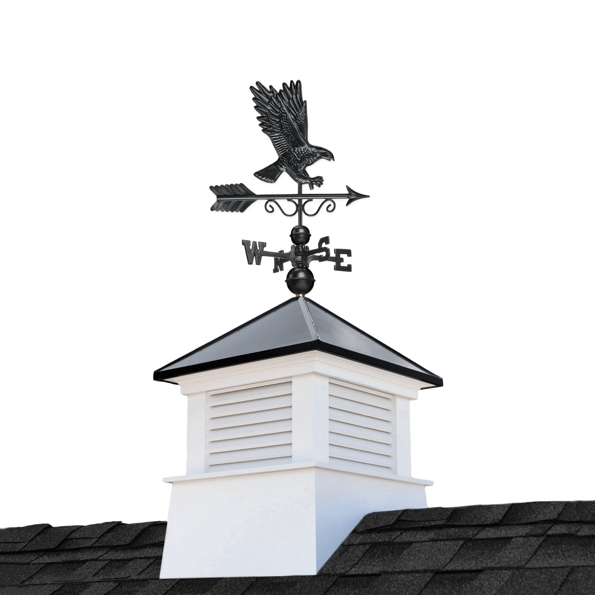 26" Square Manchester Vinyl Cupola with Black Aluminum roof and Black Aluminum Eagle Weathervane - Evira