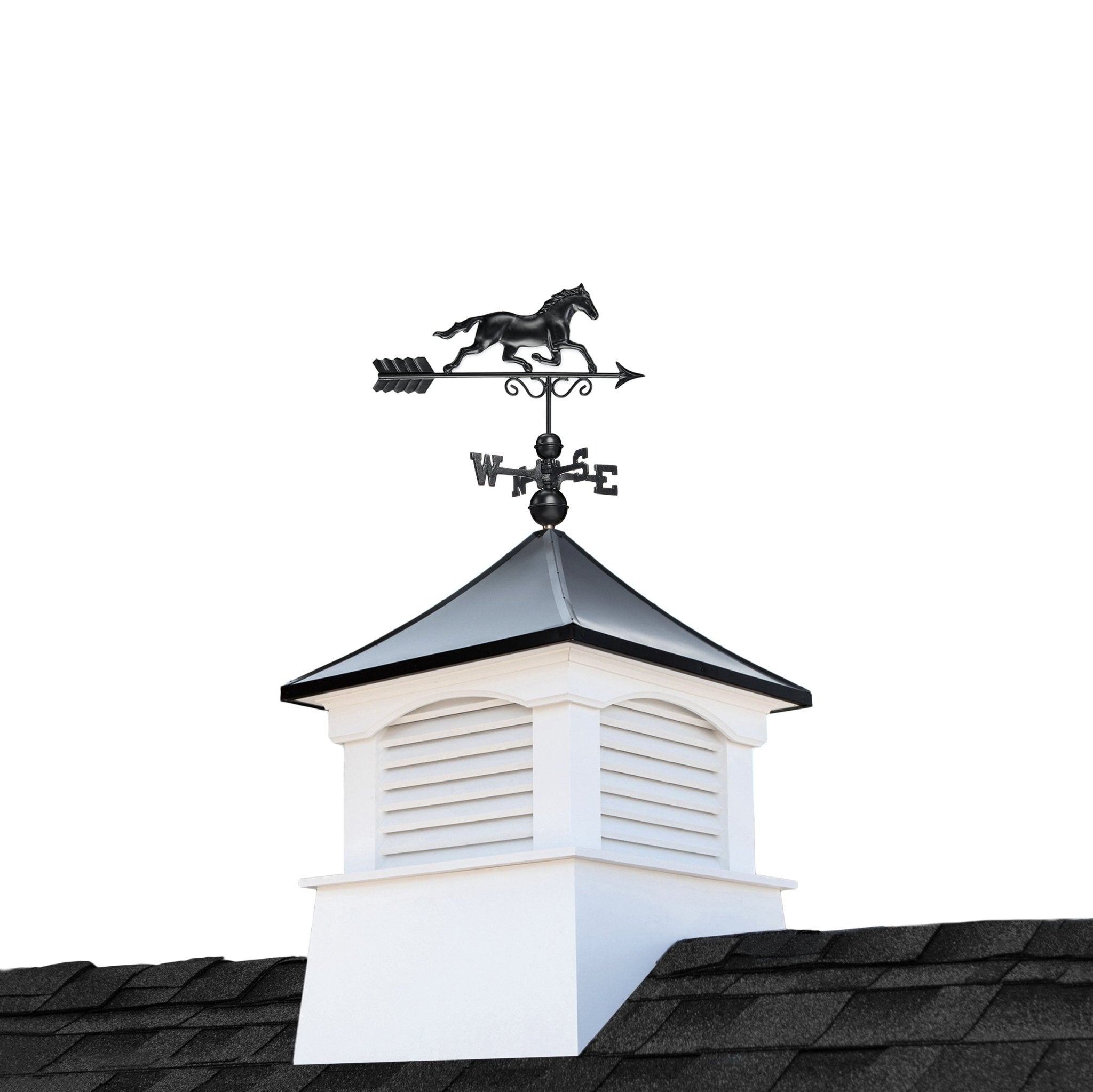 30" Square Coventry Vinyl Cupola with Black Aluminum roof and Black Aluminum Horse Weathervane - Evira