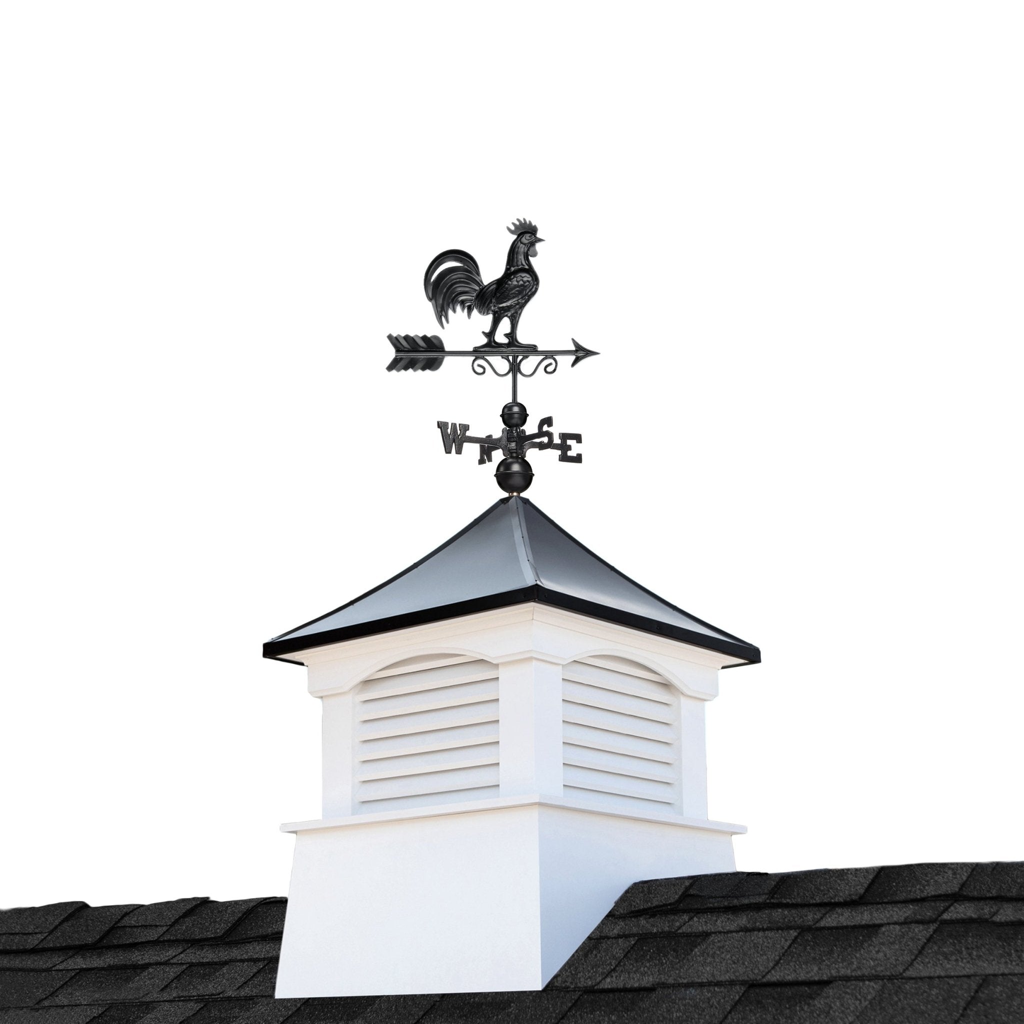 30" Square Coventry Vinyl Cupola with Black Aluminum roof and Black Aluminum Rooster Weathervane by Evira - Evira