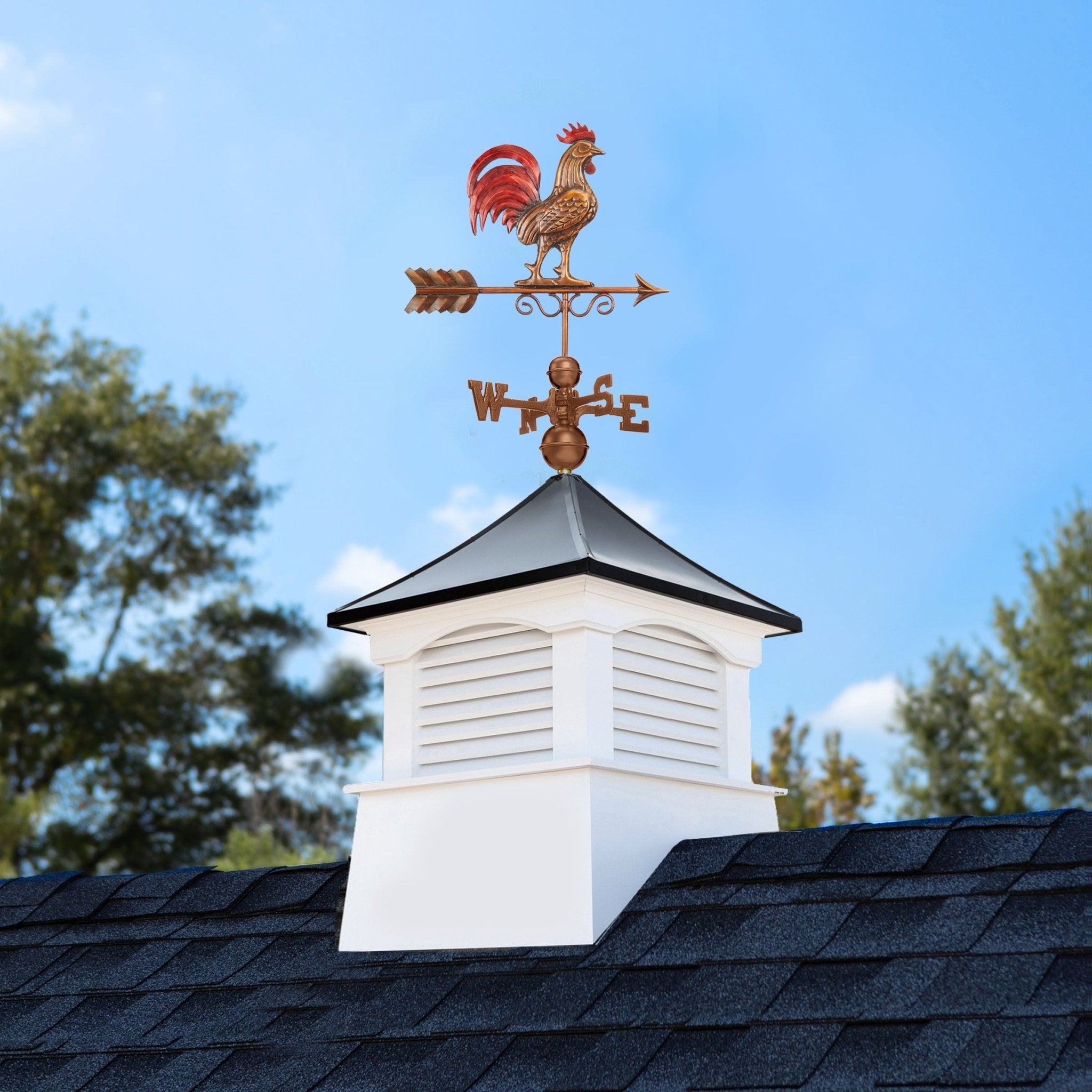 30" Square Coventry Vinyl Cupola with Black Aluminum Roof and Red Rooster Weathervane by Evira - Evira