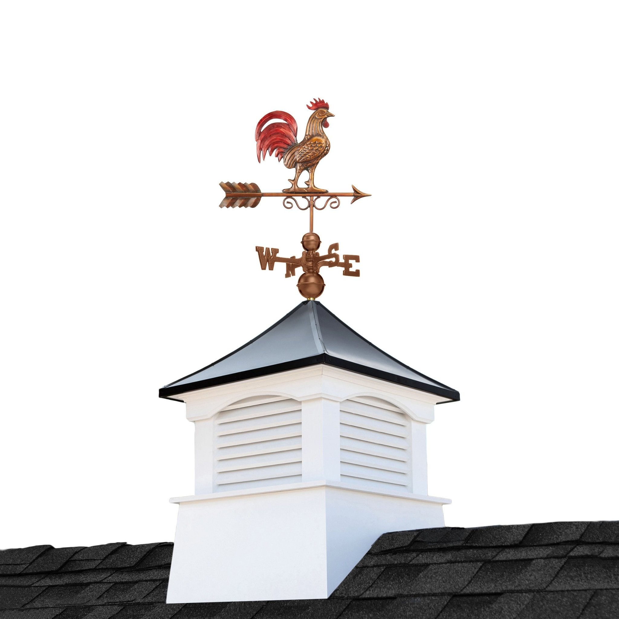 30" Square Coventry Vinyl Cupola with Black Aluminum Roof and Red Rooster Weathervane by Evira - Evira