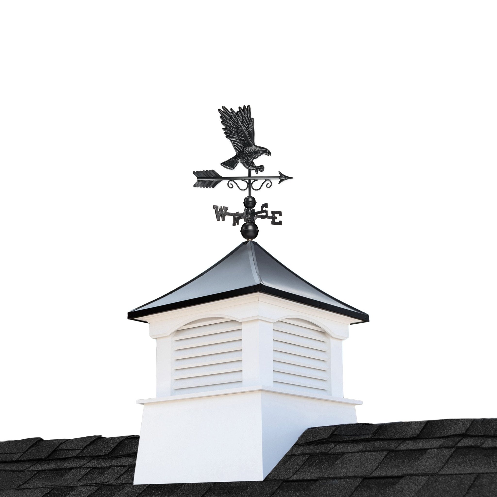 30" Square Coventry Vinyl Cupola with Black Aluminum roof and Black Aluminum Eagle Weathervane - Evira