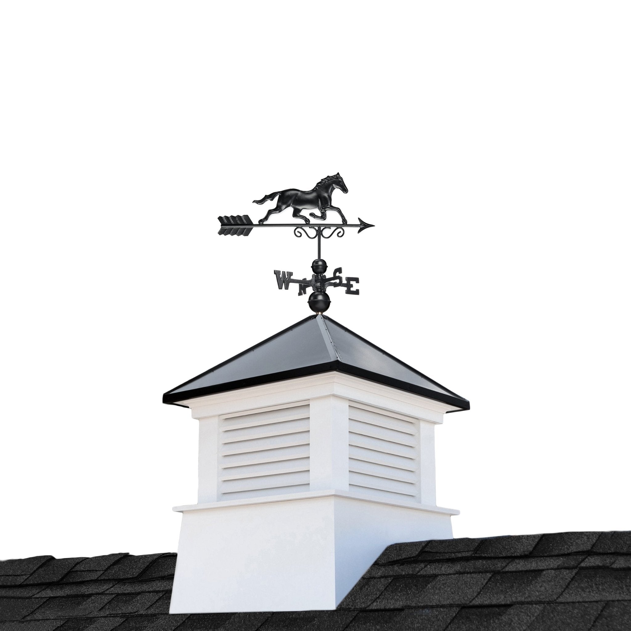 30" Square Manchester Vinyl Cupola with Black Aluminum roof and Black Aluminum Horse - Evira