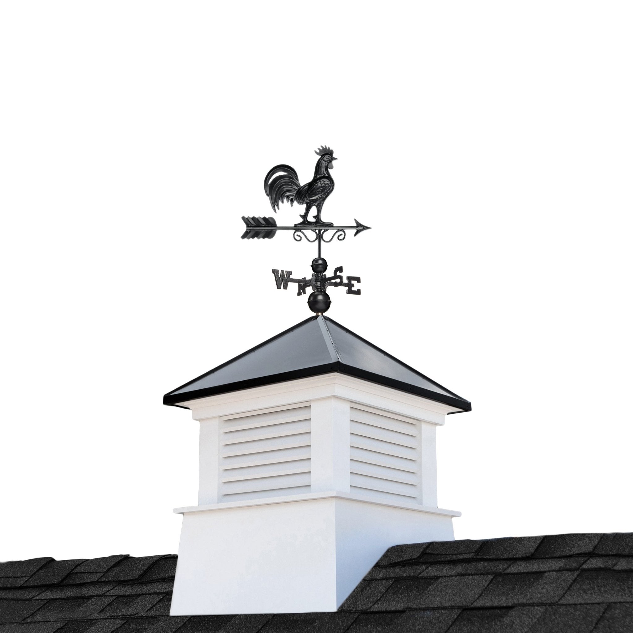 30" Square Manchester Vinyl Cupola with Black Aluminum roof and Black Aluminum Rooster Weathervane - Evira