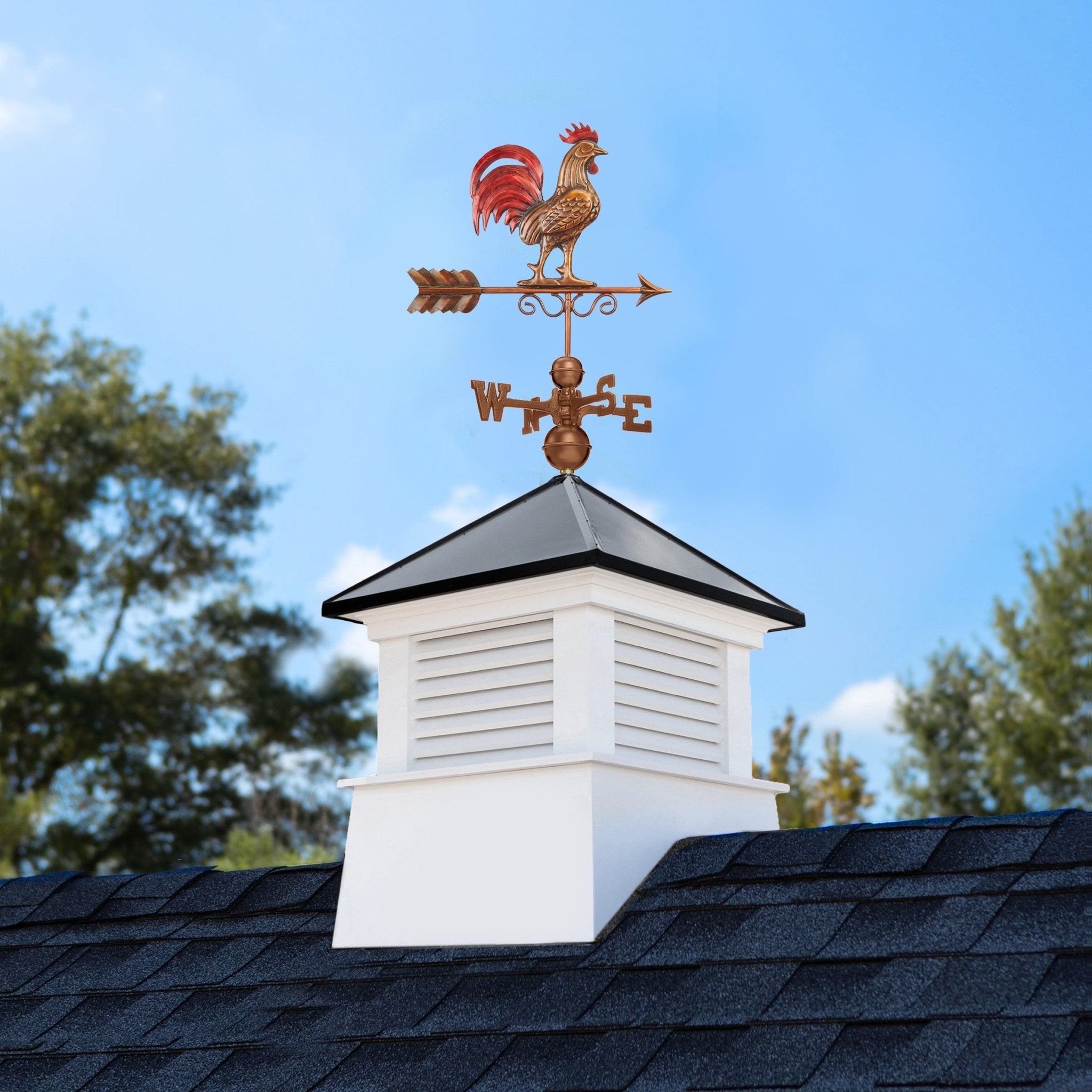 30" Square Manchester Vinyl Cupola with Black Aluminum Roof and Red Rooster Weathervane by Evira - Evira