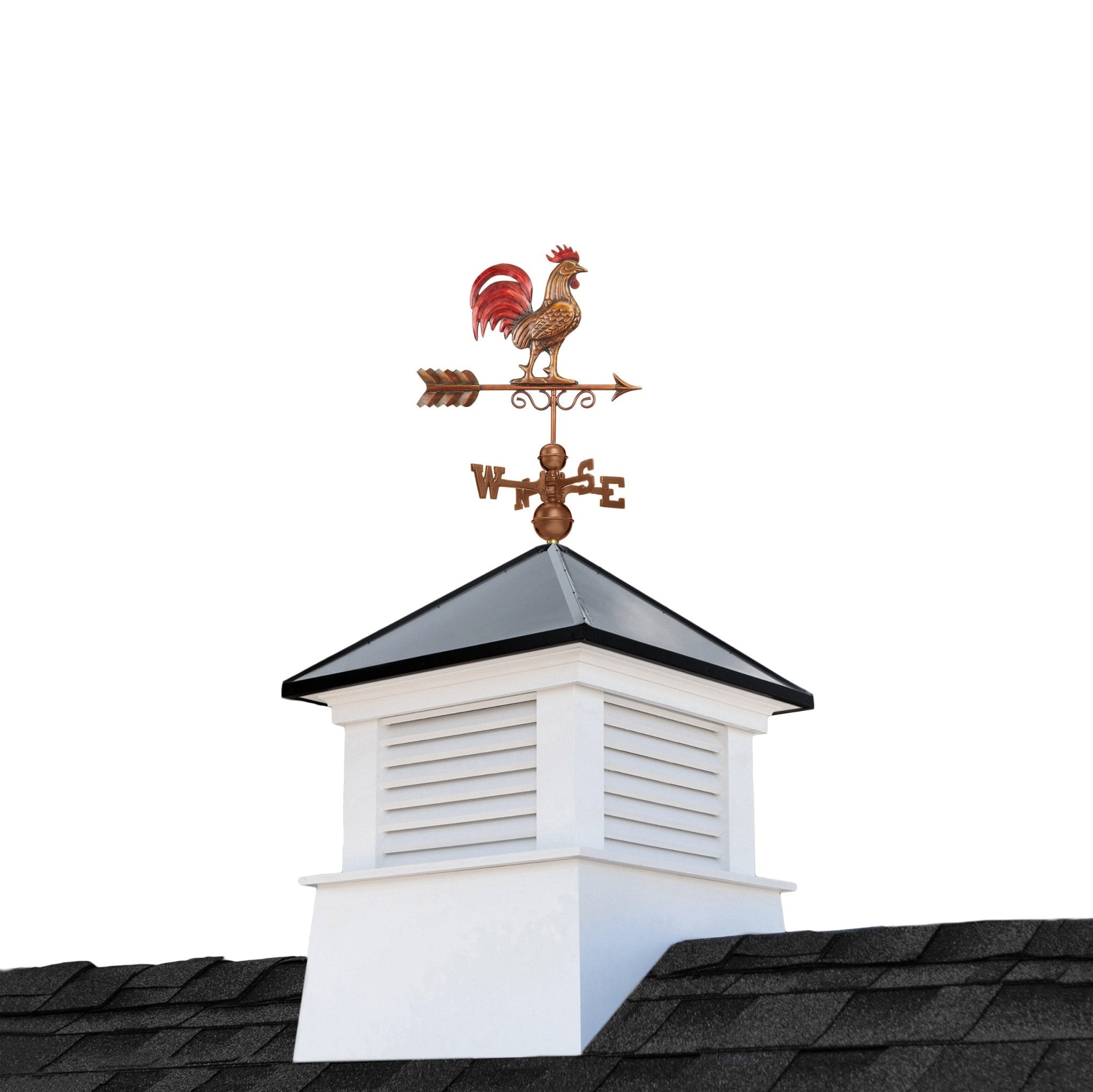 30" Square Manchester Vinyl Cupola with Black Aluminum Roof and Red Rooster Weathervane by Evira - Evira