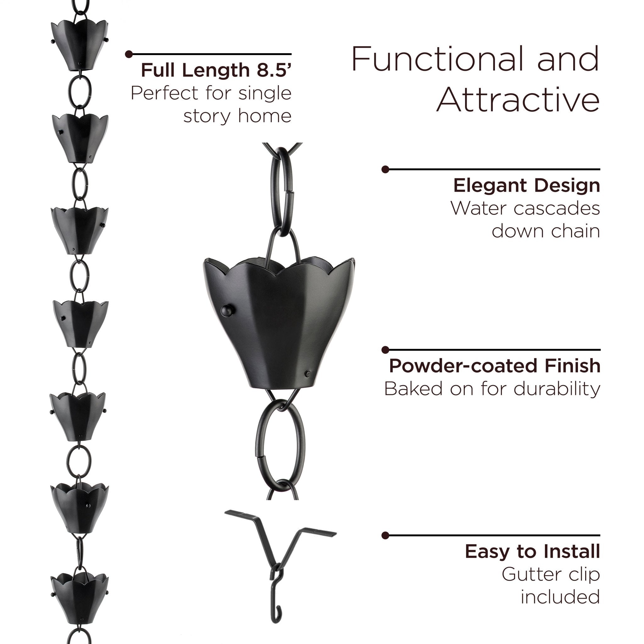 13 Cup Tulip Black Aluminum Rain Chain - Evira