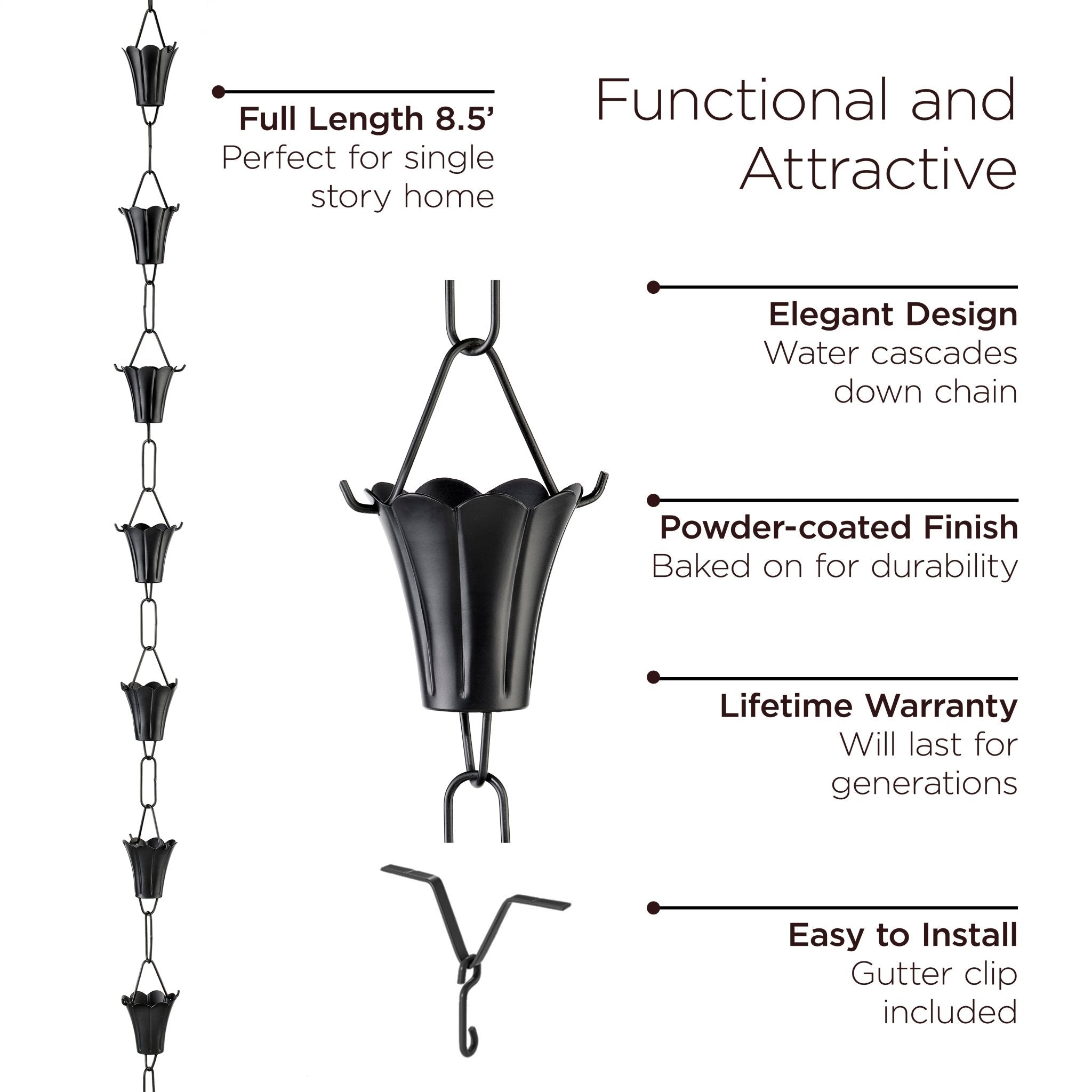 Fluted Flower Black Aluminum 8.5 ft. Rain Chain with Gutter Installation Clip - Evira